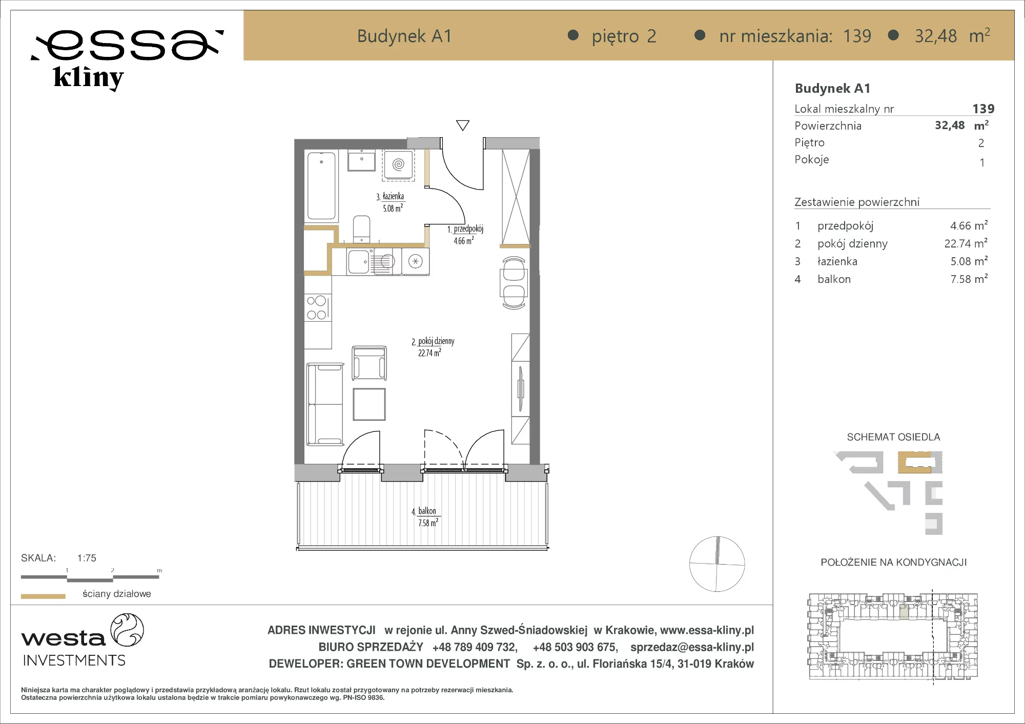 1 pokój, apartament 32,48 m², piętro 2, oferta nr A1/139, ESSA Kliny, Kraków, Swoszowice, Kliny, ul. Anny Szwed-Śniadowskiej