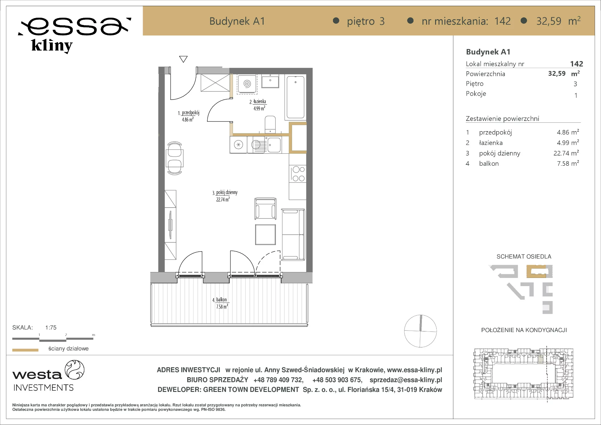 1 pokój, apartament 32,59 m², piętro 3, oferta nr A1/142, ESSA Kliny, Kraków, Swoszowice, Kliny, ul. Anny Szwed-Śniadowskiej