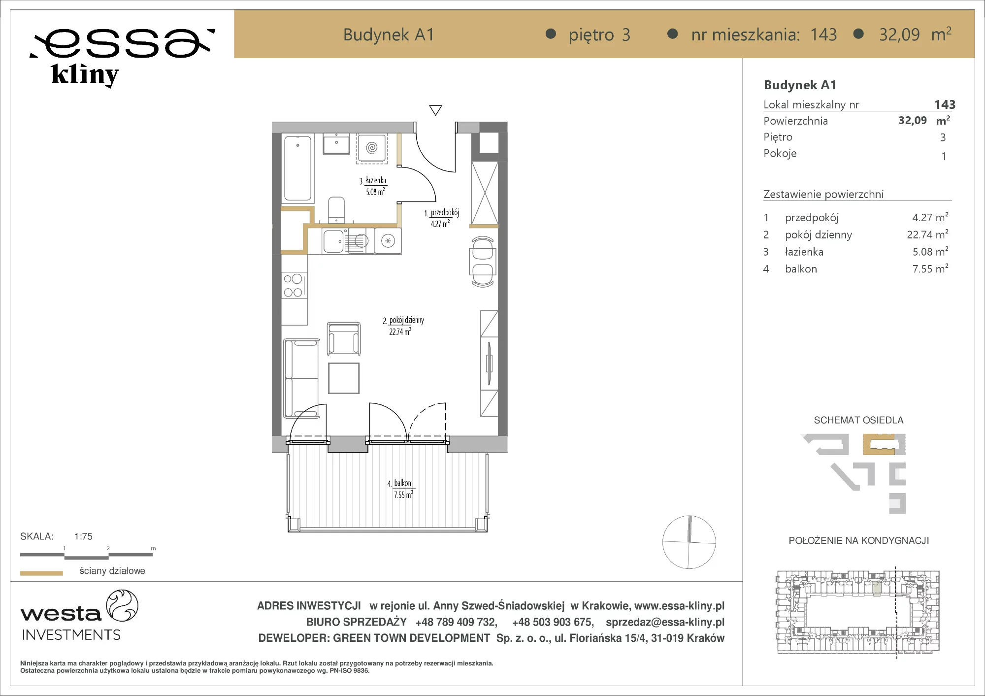 1 pokój, apartament 32,09 m², piętro 3, oferta nr A1/143, ESSA Kliny, Kraków, Swoszowice, Kliny, ul. Anny Szwed-Śniadowskiej