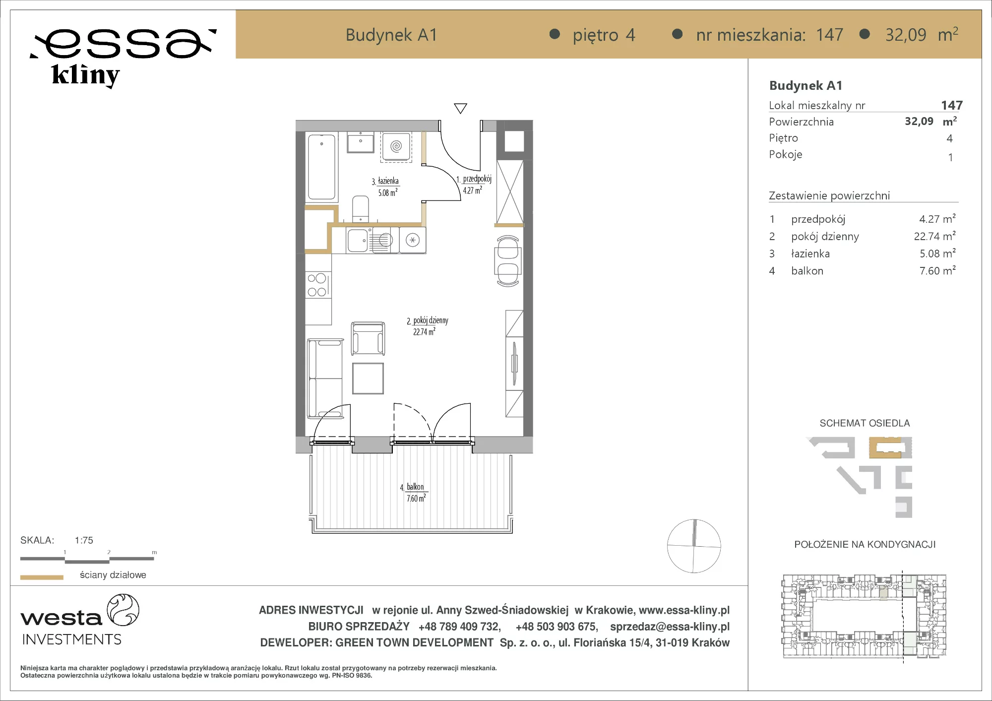 1 pokój, apartament 32,09 m², piętro 4, oferta nr A1/147, ESSA Kliny, Kraków, Swoszowice, Kliny, ul. Anny Szwed-Śniadowskiej