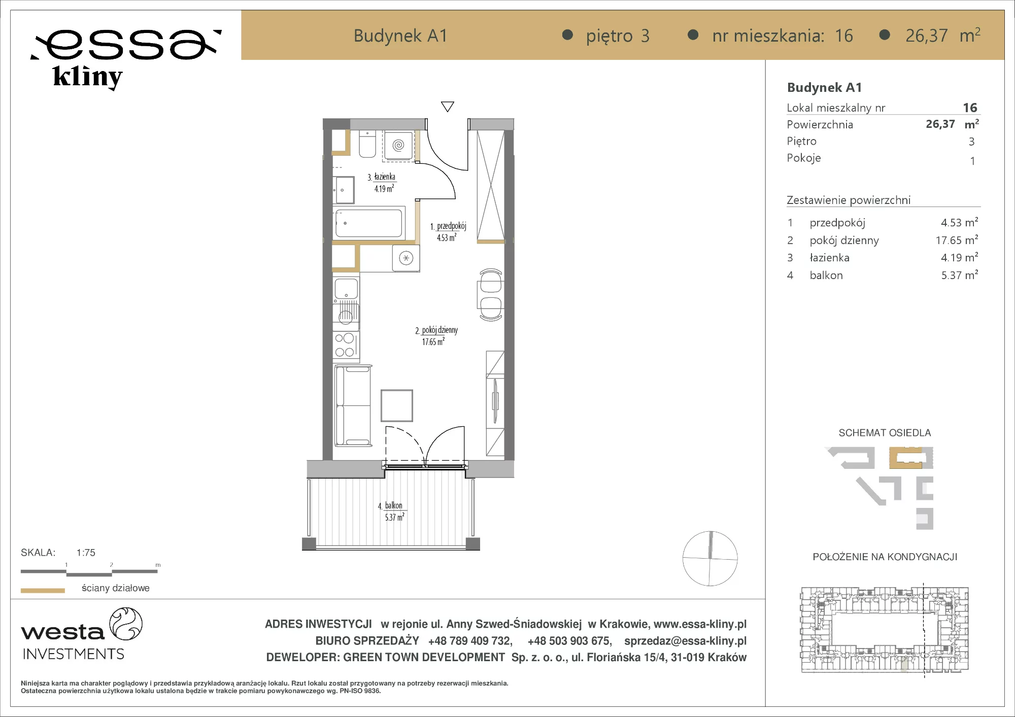 1 pokój, apartament 26,37 m², piętro 3, oferta nr A1/16, ESSA Kliny, Kraków, Swoszowice, Kliny, ul. Anny Szwed-Śniadowskiej