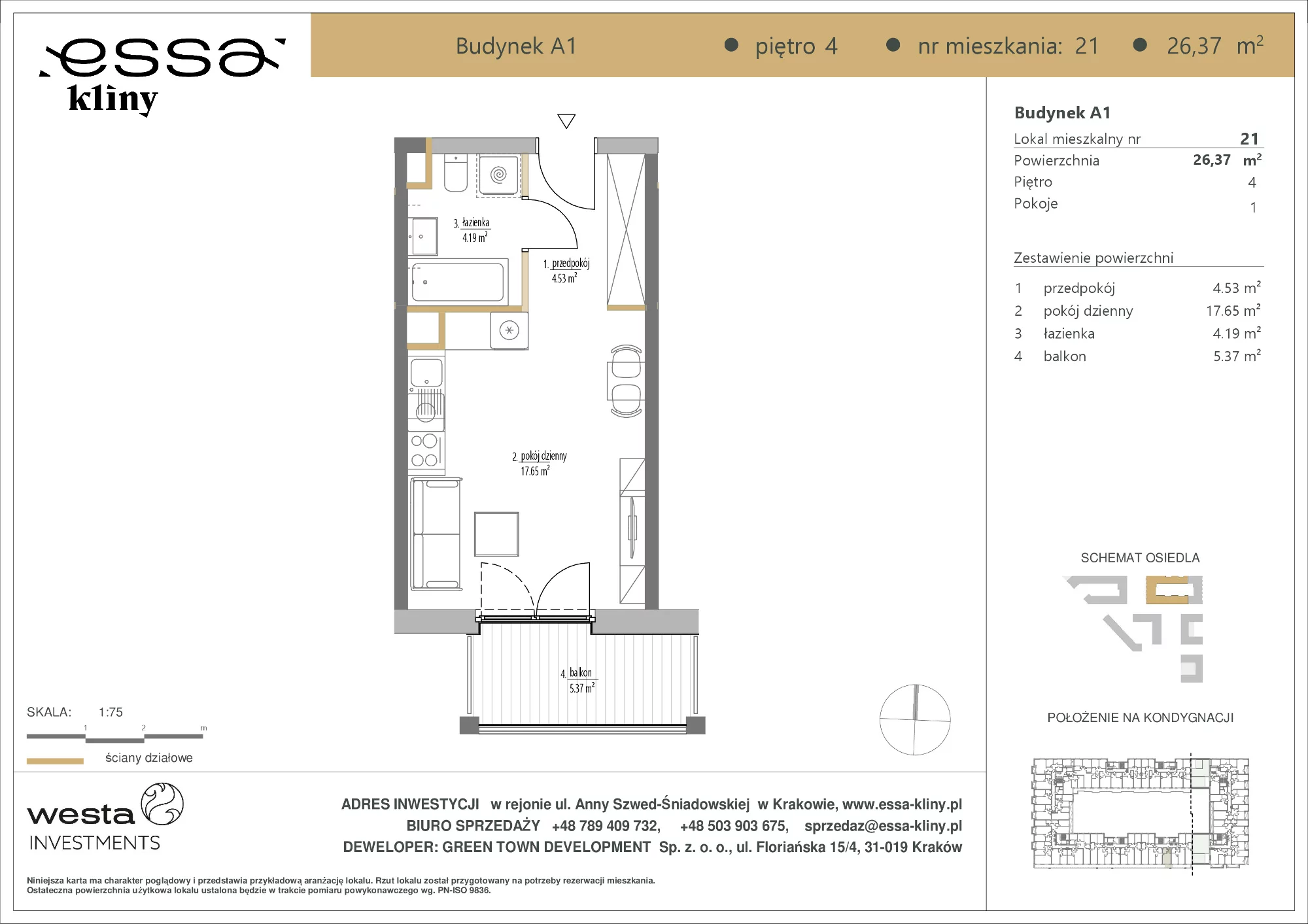 1 pokój, apartament 26,37 m², piętro 4, oferta nr A1/21, ESSA Kliny, Kraków, Swoszowice, Kliny, ul. Anny Szwed-Śniadowskiej