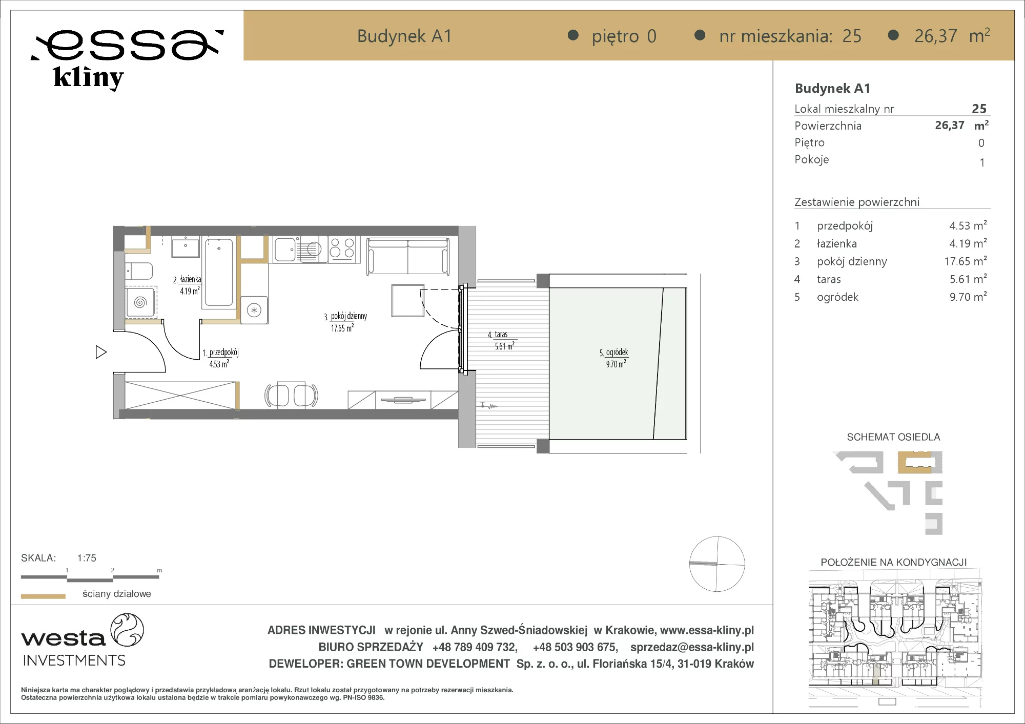 1 pokój, apartament 26,37 m², parter, oferta nr A1/25, ESSA Kliny, Kraków, Swoszowice, Kliny, ul. Anny Szwed-Śniadowskiej