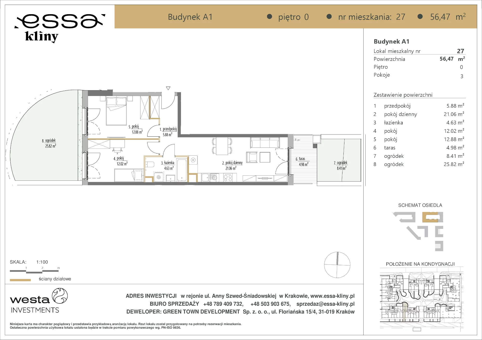 3 pokoje, apartament 56,47 m², parter, oferta nr A1/27, ESSA Kliny, Kraków, Swoszowice, Kliny, ul. Anny Szwed-Śniadowskiej