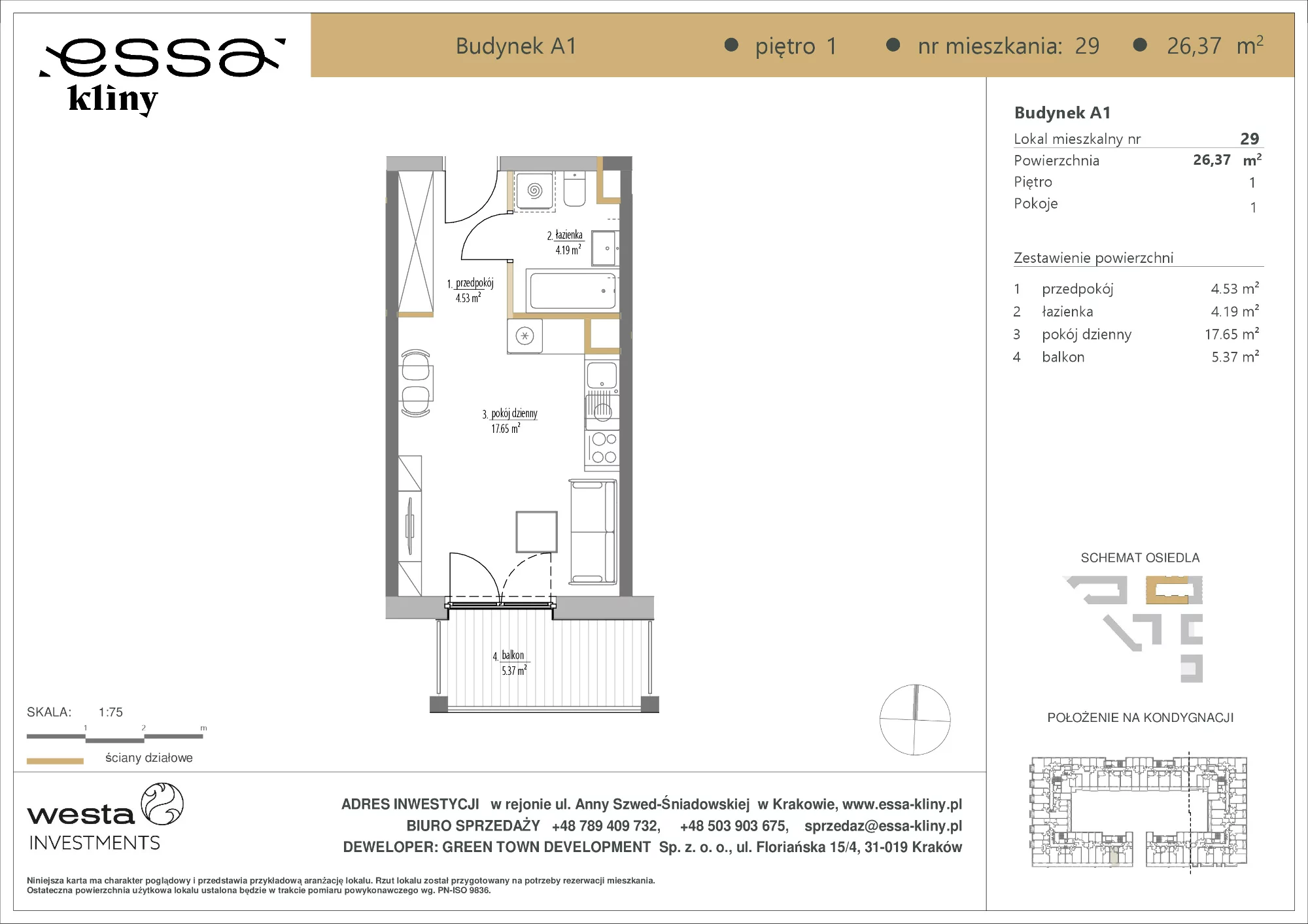 1 pokój, apartament 26,37 m², piętro 1, oferta nr A1/29, ESSA Kliny, Kraków, Swoszowice, Kliny, ul. Anny Szwed-Śniadowskiej