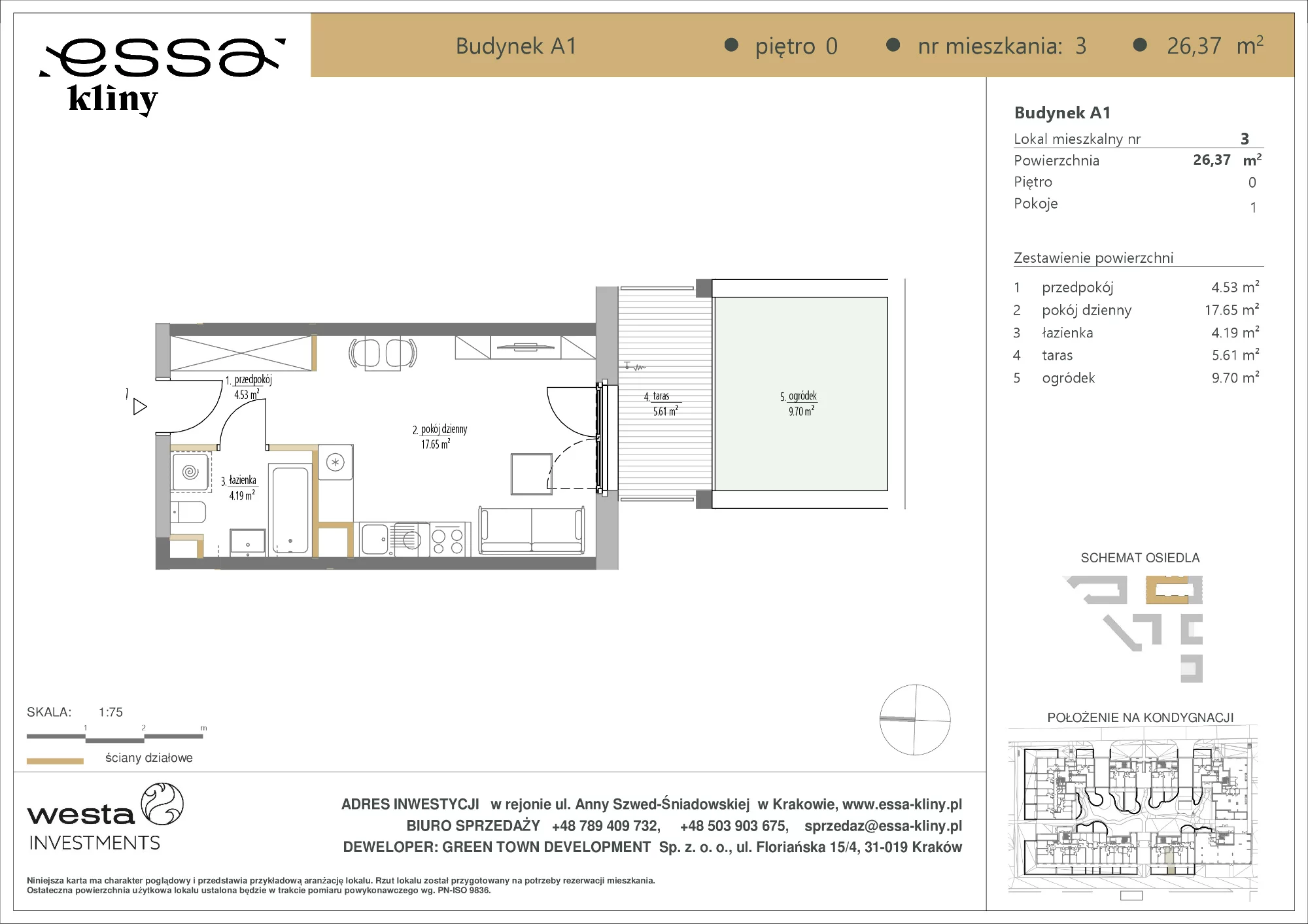 1 pokój, apartament 26,37 m², parter, oferta nr A1/3, ESSA Kliny, Kraków, Swoszowice, Kliny, ul. Anny Szwed-Śniadowskiej