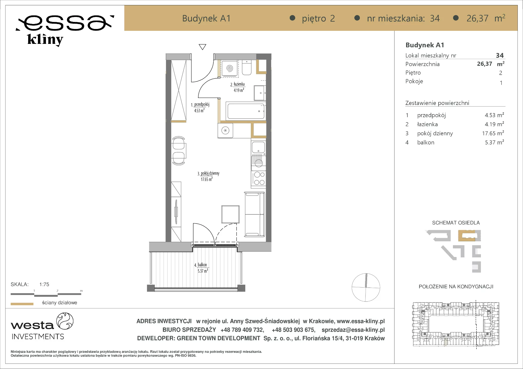 1 pokój, apartament 26,37 m², piętro 2, oferta nr A1/34, ESSA Kliny, Kraków, Swoszowice, Kliny, ul. Anny Szwed-Śniadowskiej