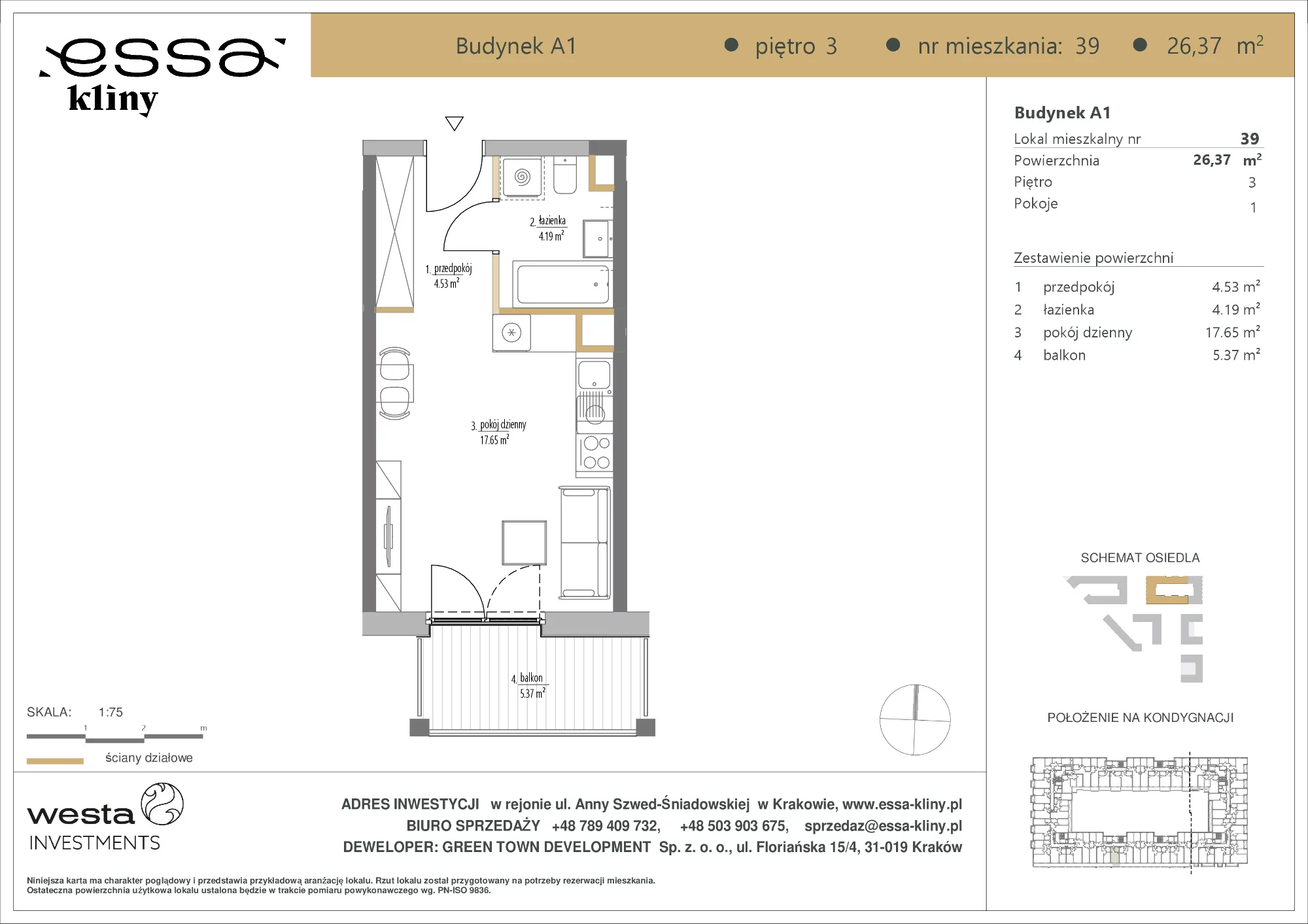 1 pokój, apartament 26,37 m², piętro 3, oferta nr A1/39, ESSA Kliny, Kraków, Swoszowice, Kliny, ul. Anny Szwed-Śniadowskiej