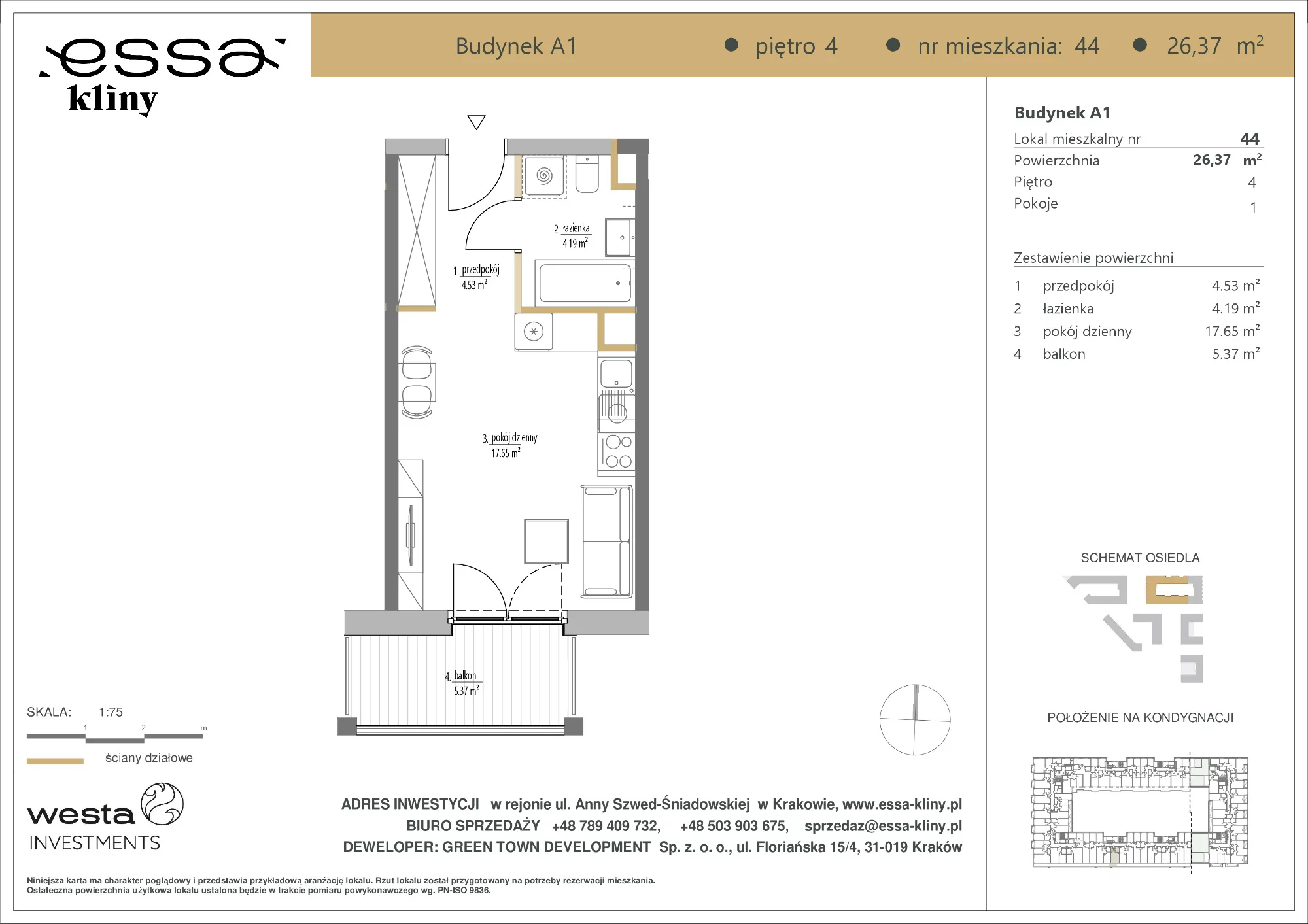 1 pokój, apartament 26,37 m², piętro 4, oferta nr A1/44, ESSA Kliny, Kraków, Swoszowice, Kliny, ul. Anny Szwed-Śniadowskiej