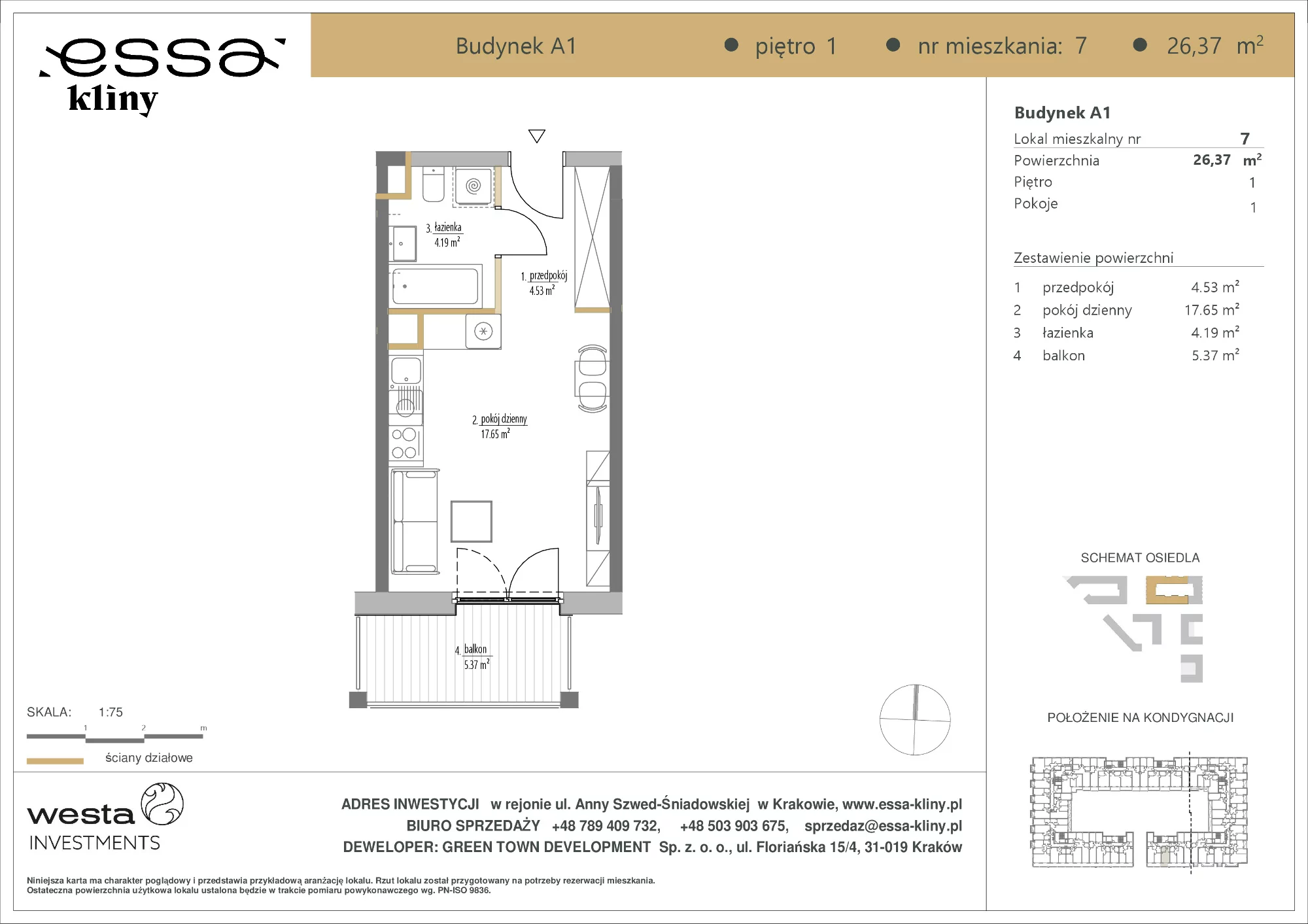 1 pokój, apartament 26,37 m², piętro 1, oferta nr A1/7, ESSA Kliny, Kraków, Swoszowice, Kliny, ul. Anny Szwed-Śniadowskiej