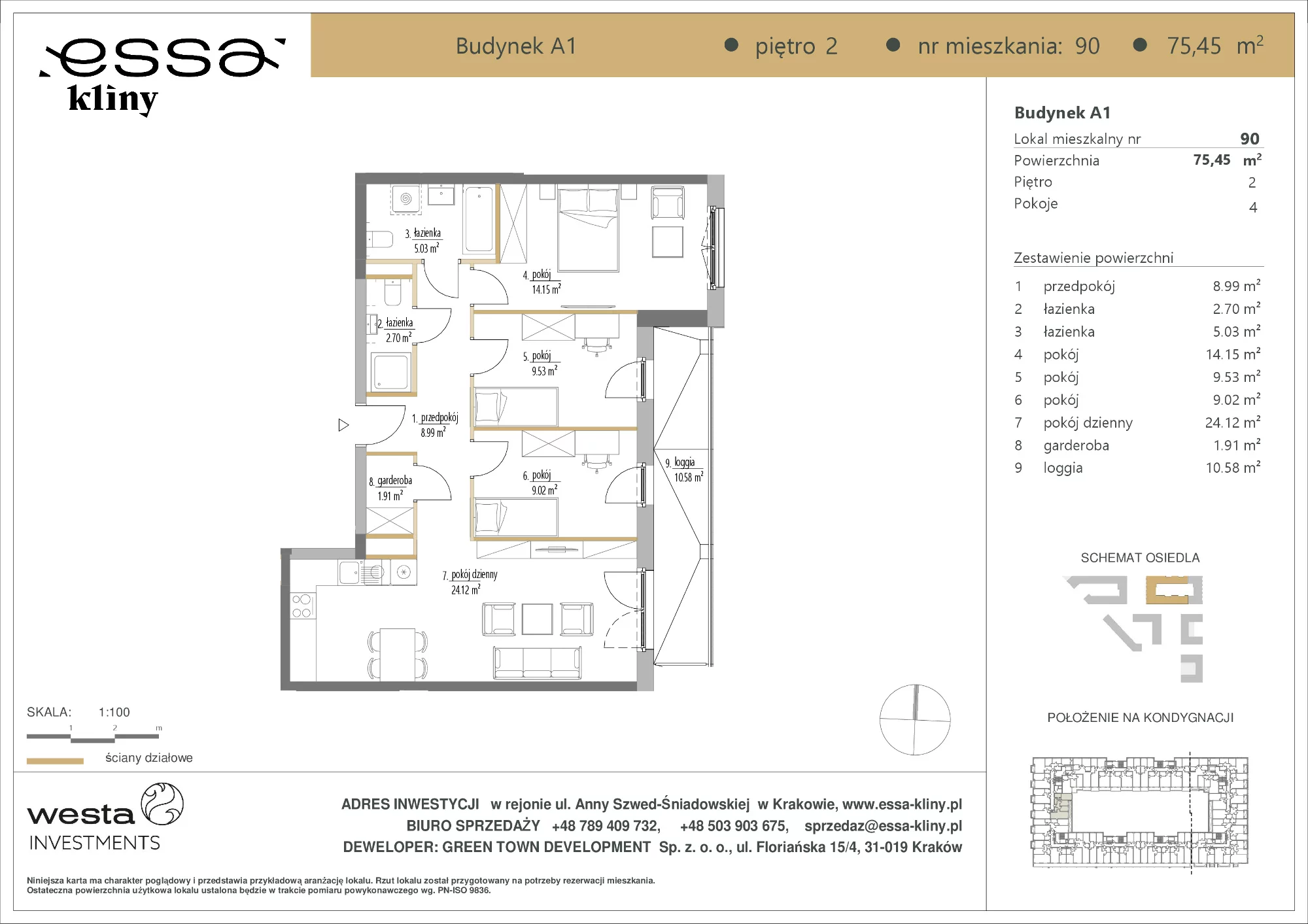 4 pokoje, mieszkanie 75,45 m², piętro 2, oferta nr A1/90, ESSA Kliny, Kraków, Swoszowice, Kliny, ul. Anny Szwed-Śniadowskiej