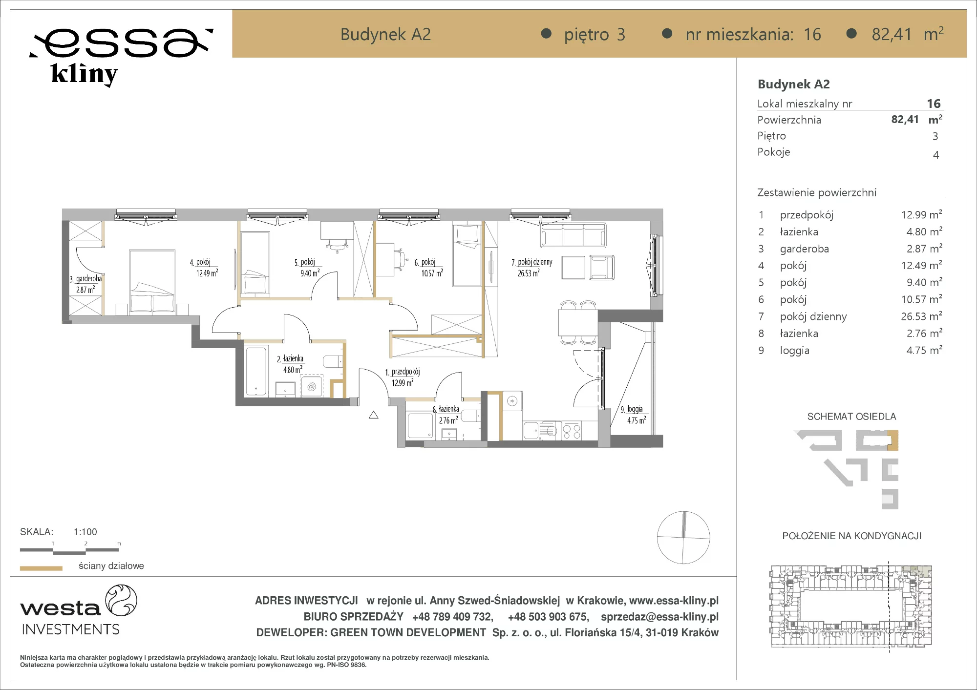 4 pokoje, mieszkanie 82,41 m², piętro 3, oferta nr A2/16, ESSA Kliny, Kraków, Swoszowice, Kliny, ul. Anny Szwed-Śniadowskiej