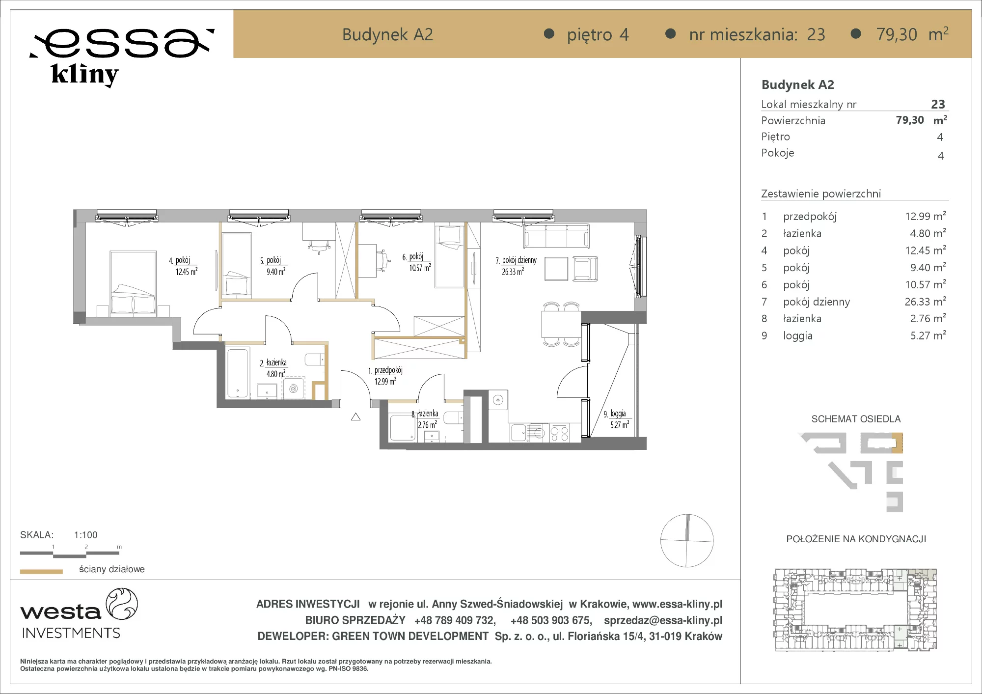 4 pokoje, mieszkanie 79,30 m², piętro 4, oferta nr A2/23, ESSA Kliny, Kraków, Swoszowice, Kliny, ul. Anny Szwed-Śniadowskiej