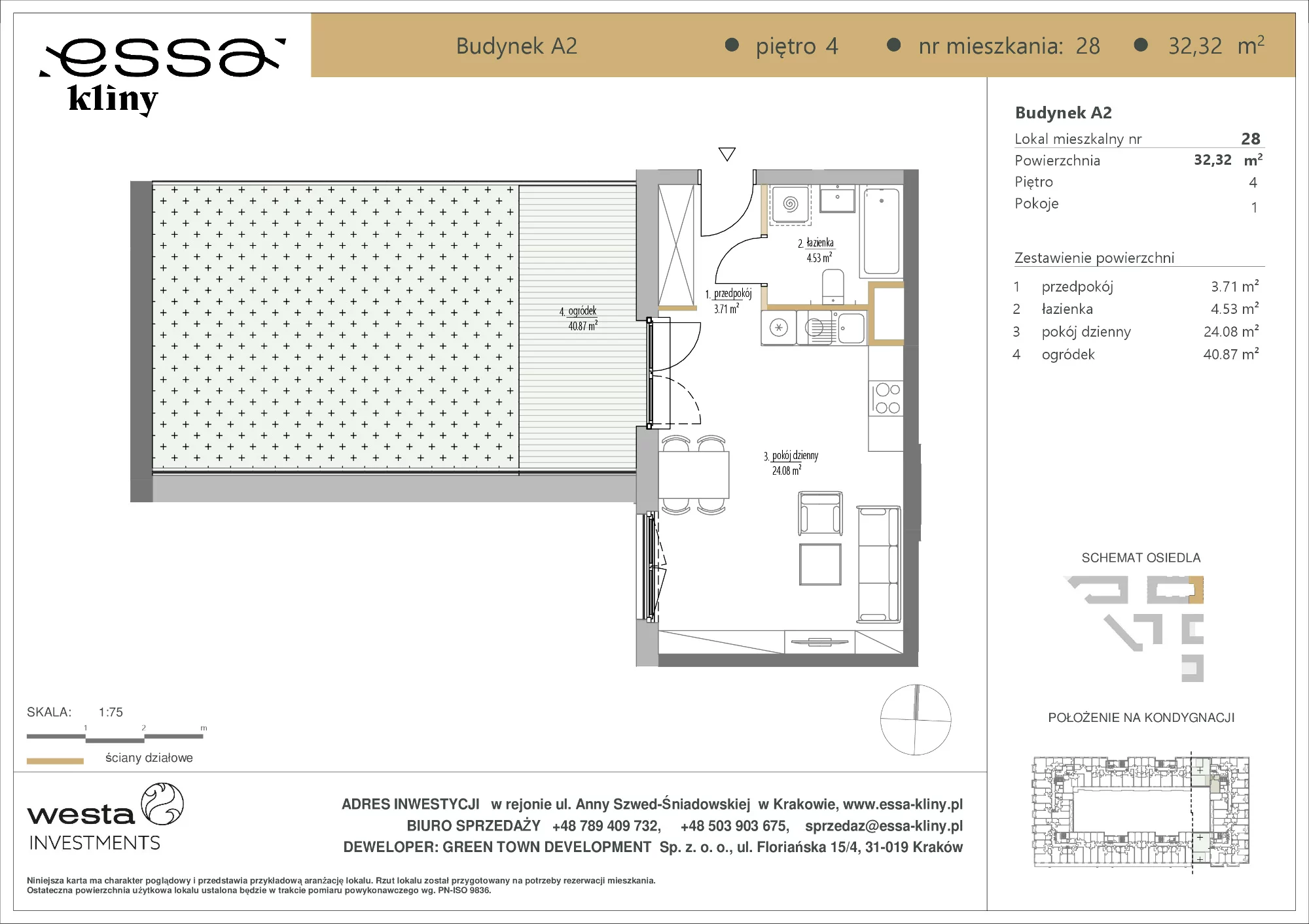 1 pokój, apartament 32,32 m², piętro 4, oferta nr A2/28, ESSA Kliny, Kraków, Swoszowice, Kliny, ul. Anny Szwed-Śniadowskiej