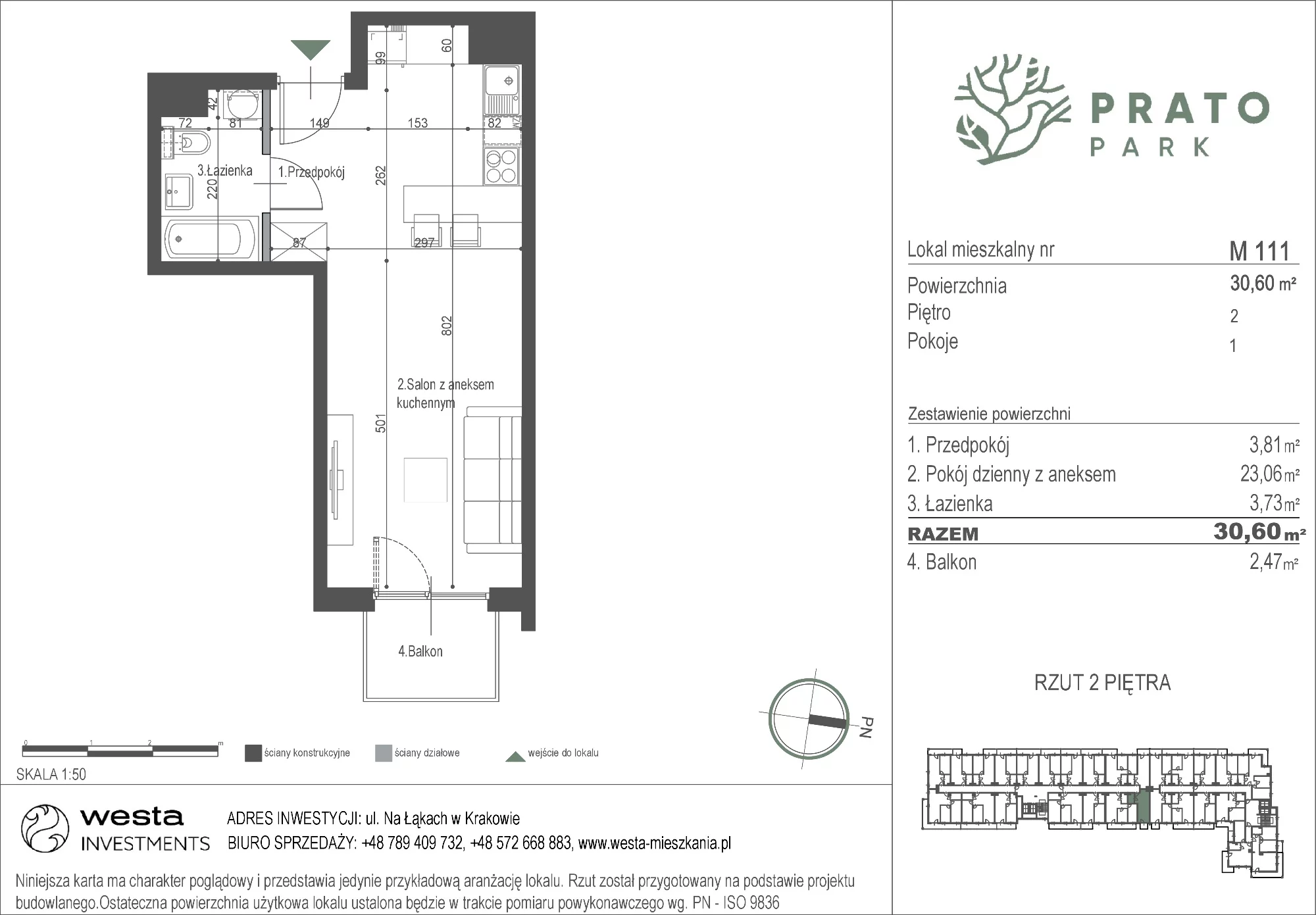 Mieszkanie 30,60 m², piętro 2, oferta nr M111, Prato Park, Kraków, Czyżyny, ul. Na Łąkach