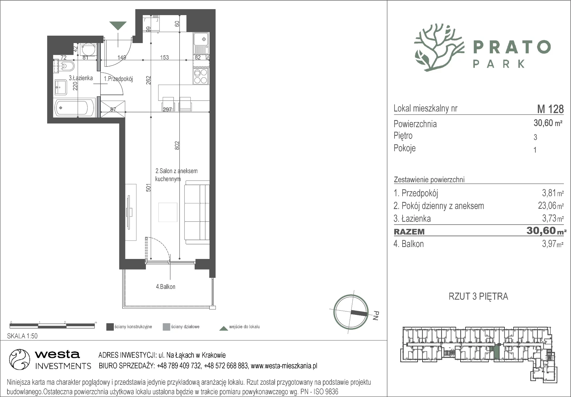 Mieszkanie 30,60 m², piętro 3, oferta nr M128, Prato Park, Kraków, Czyżyny, ul. Na Łąkach