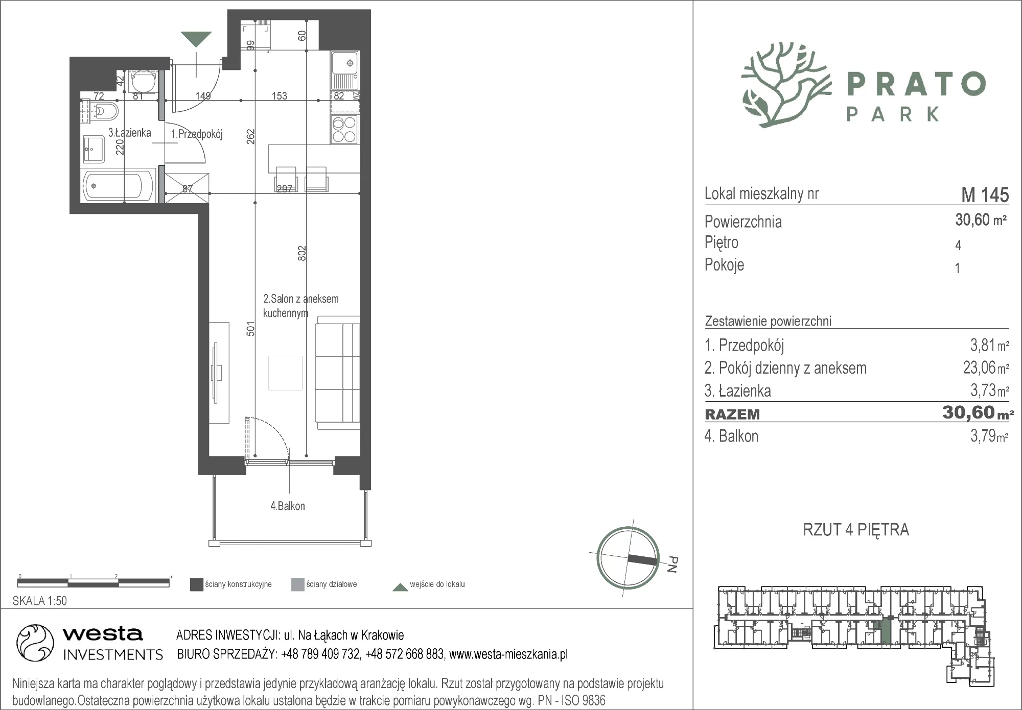 Mieszkanie 30,60 m², piętro 4, oferta nr M145, Prato Park, Kraków, Czyżyny, ul. Na Łąkach