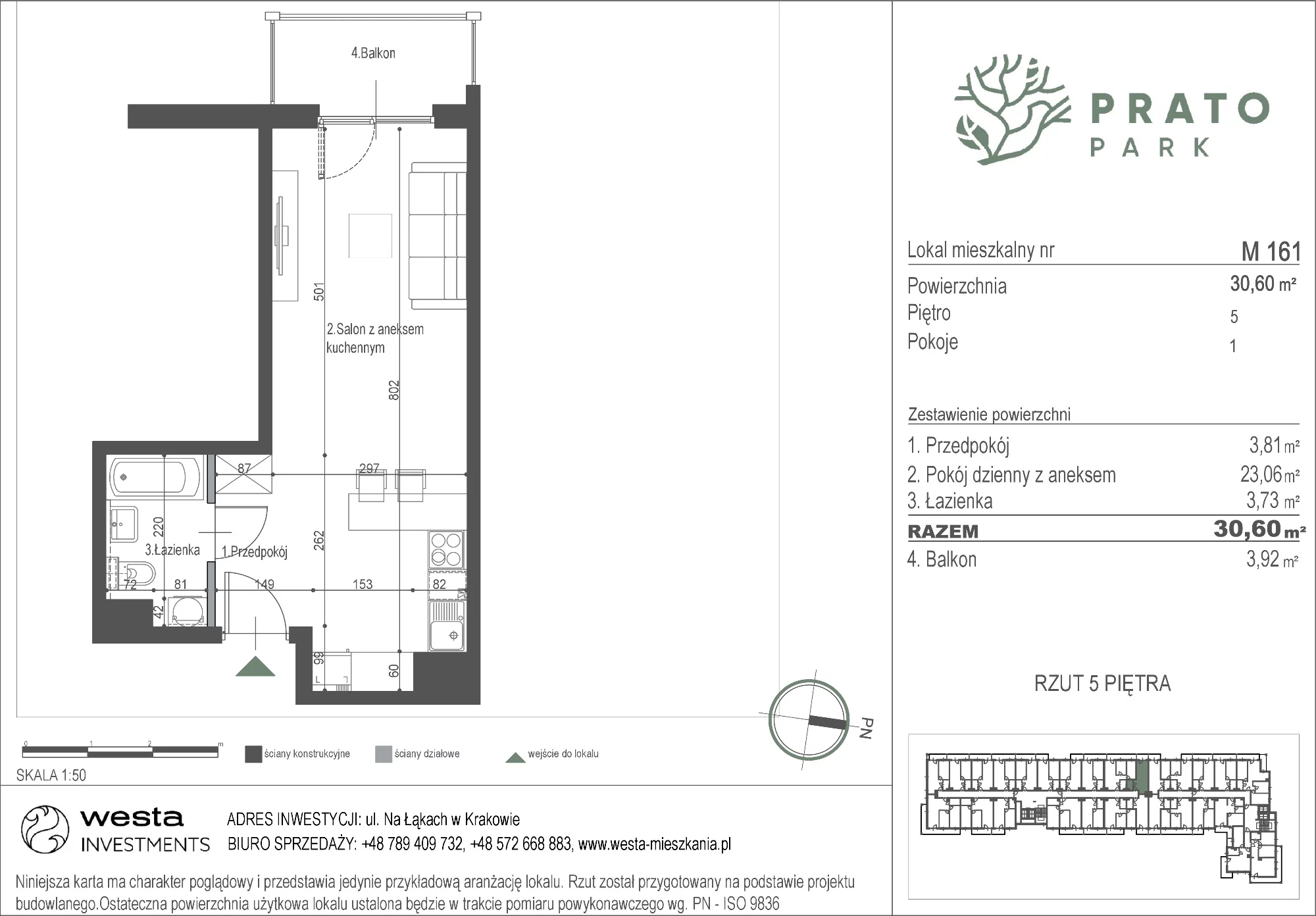 Mieszkanie 30,60 m², piętro 5, oferta nr M161, Prato Park, Kraków, Czyżyny, ul. Na Łąkach