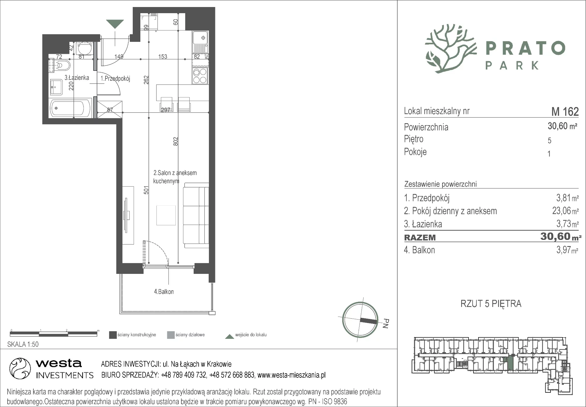 Mieszkanie 30,60 m², piętro 5, oferta nr M162, Prato Park, Kraków, Czyżyny, ul. Na Łąkach