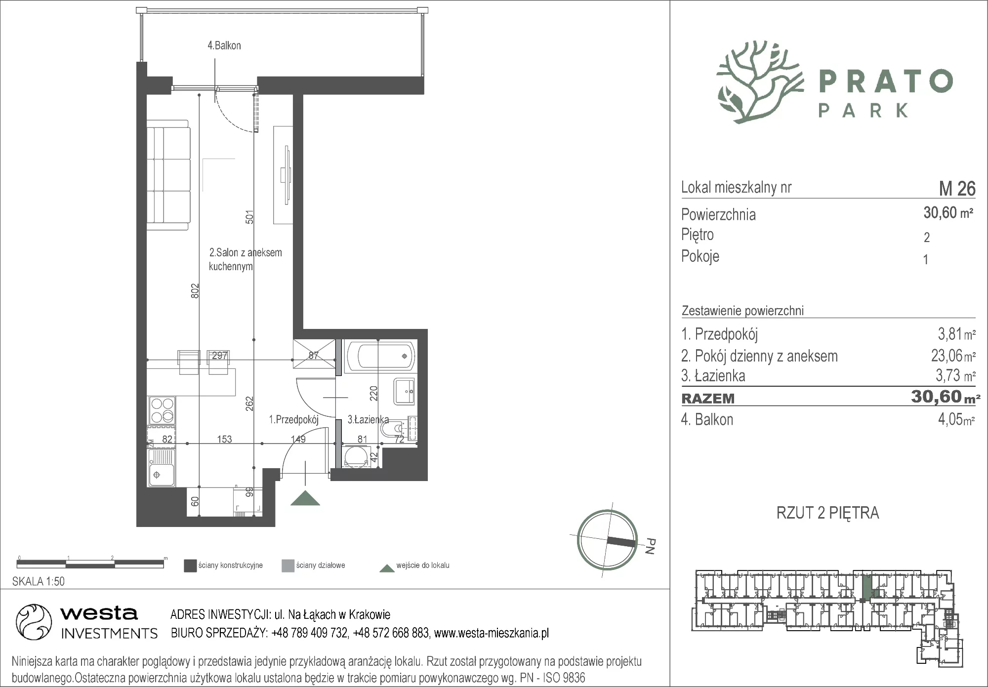Mieszkanie 30,60 m², piętro 2, oferta nr M26, Prato Park, Kraków, Czyżyny, ul. Na Łąkach