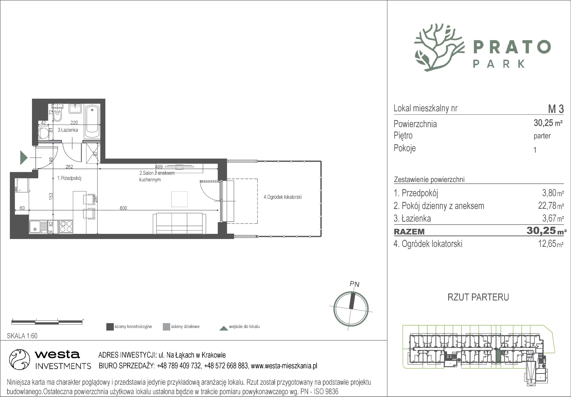 Mieszkanie 30,25 m², parter, oferta nr M3, Prato Park, Kraków, Czyżyny, ul. Na Łąkach