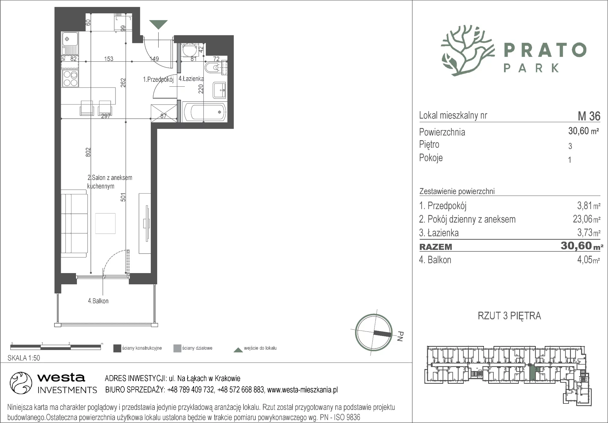 Mieszkanie 30,60 m², piętro 3, oferta nr M36, Prato Park, Kraków, Czyżyny, ul. Na Łąkach