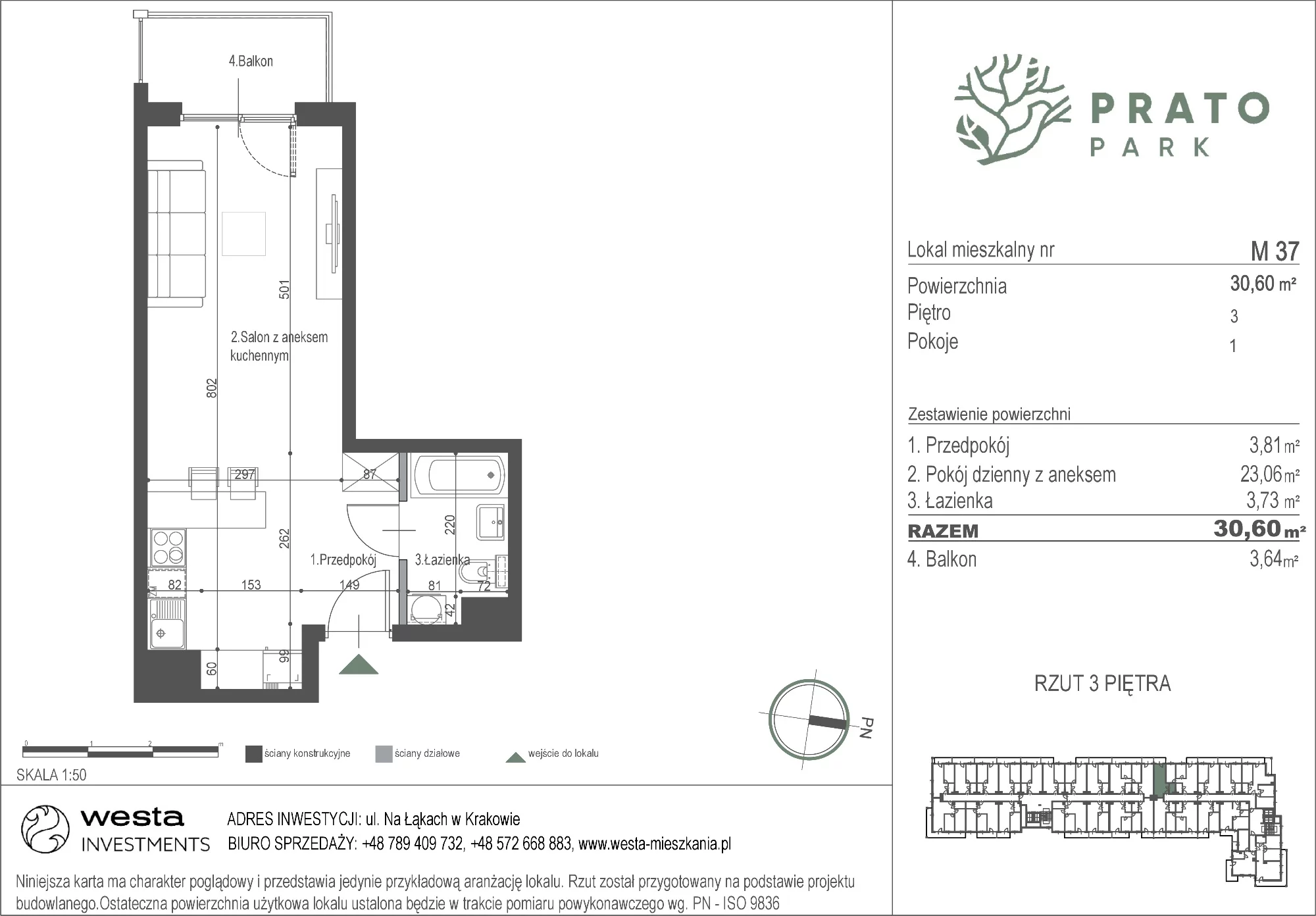 Mieszkanie 30,60 m², piętro 3, oferta nr M37, Prato Park, Kraków, Czyżyny, ul. Na Łąkach