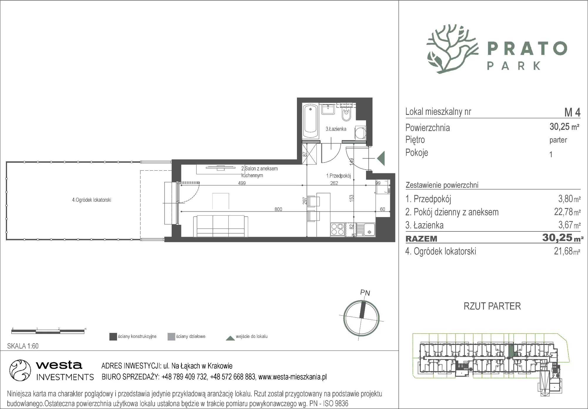 Mieszkanie 30,25 m², parter, oferta nr M4, Prato Park, Kraków, Czyżyny, ul. Na Łąkach