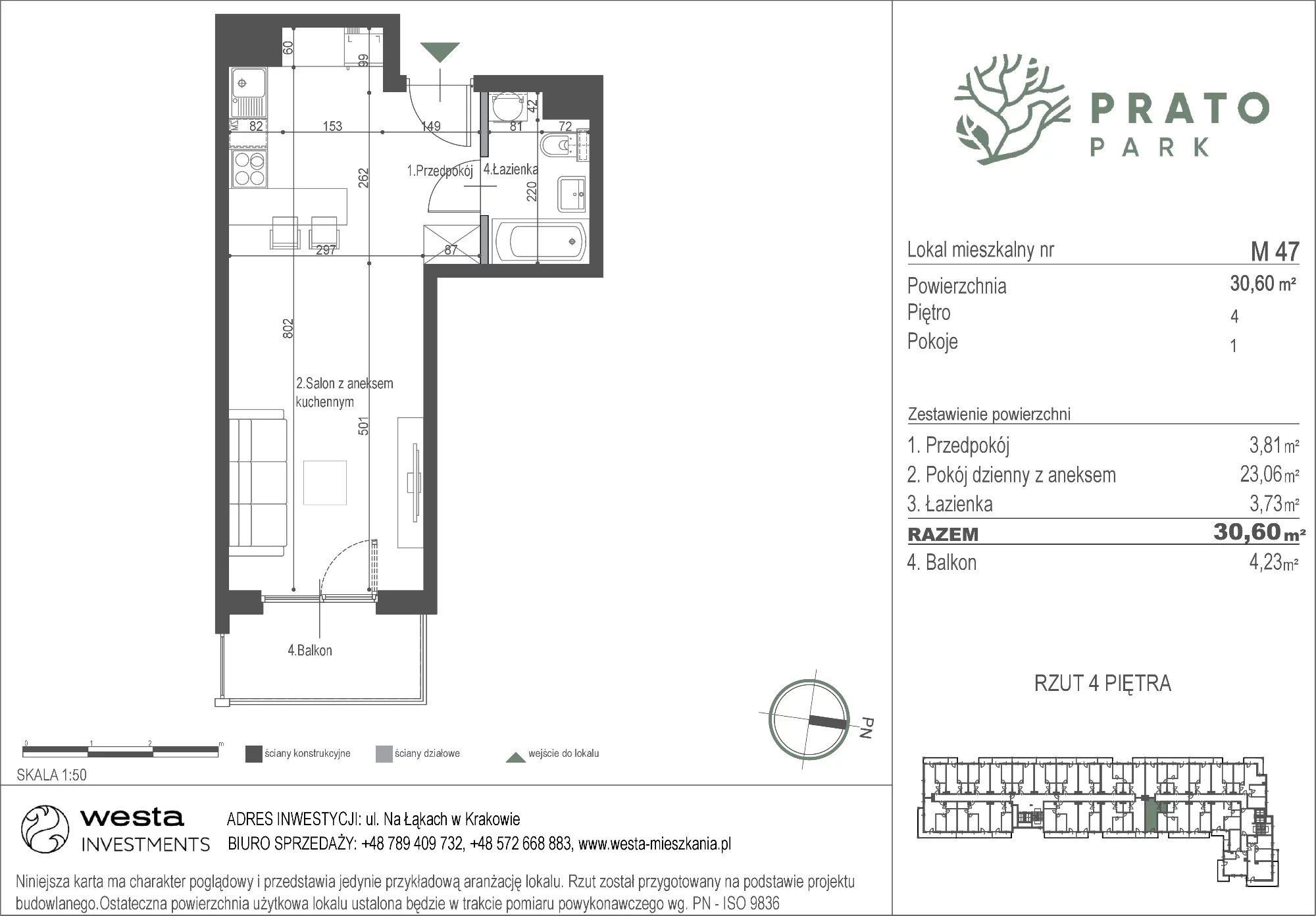 Mieszkanie 30,60 m², piętro 4, oferta nr M47, Prato Park, Kraków, Czyżyny, ul. Na Łąkach