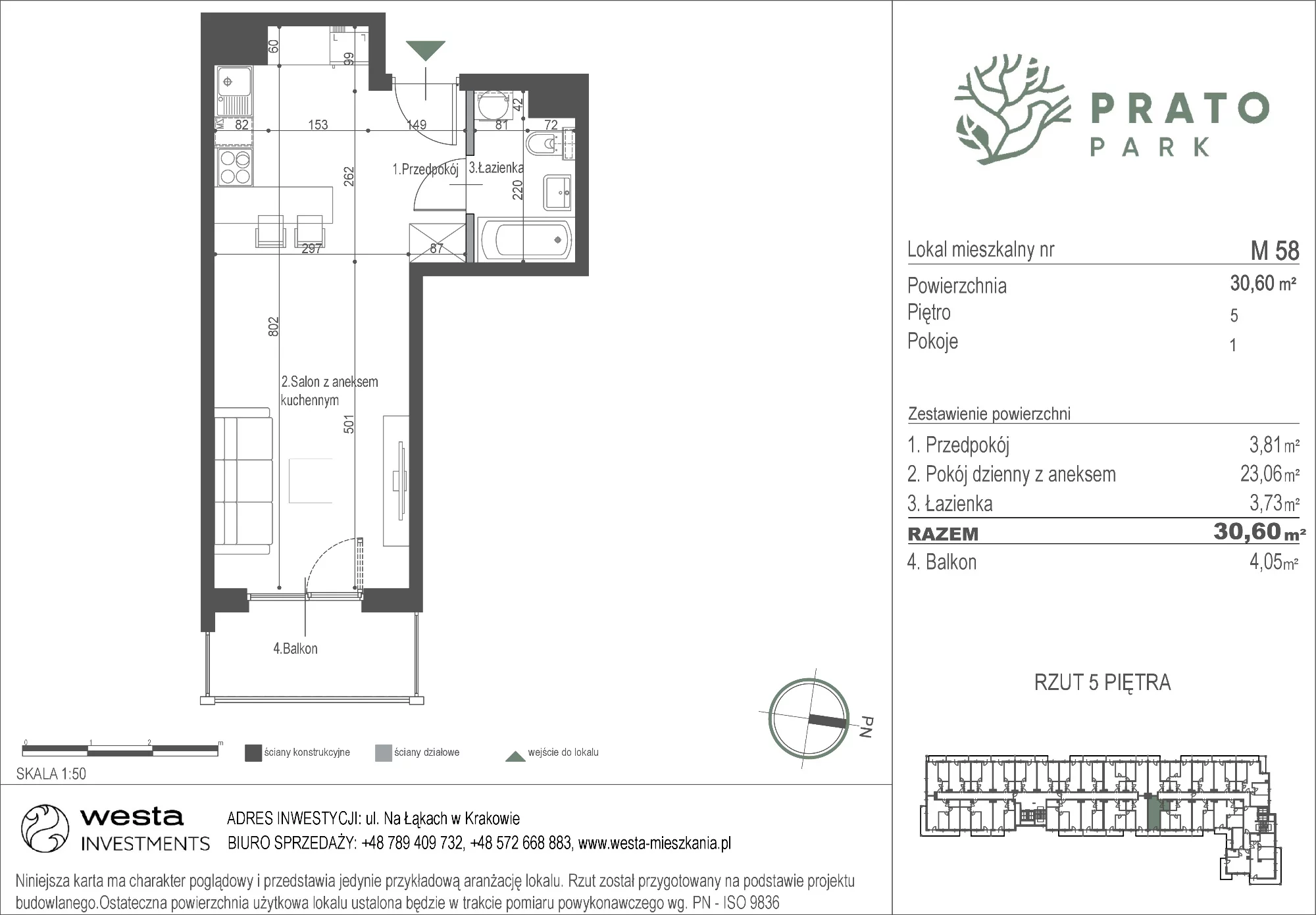 Mieszkanie 30,60 m², piętro 5, oferta nr M58, Prato Park, Kraków, Czyżyny, ul. Na Łąkach