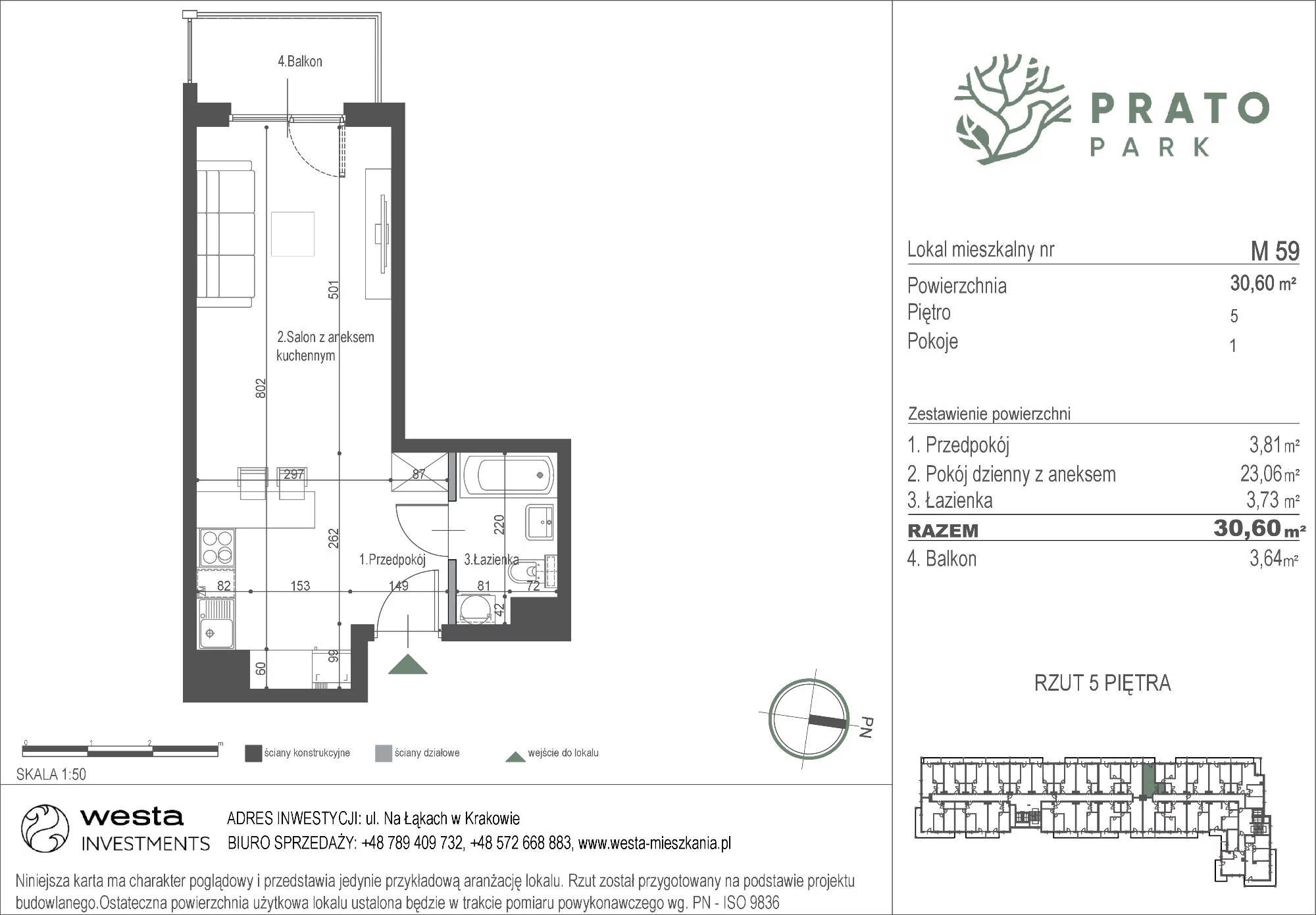 Mieszkanie 30,60 m², piętro 5, oferta nr M59, Prato Park, Kraków, Czyżyny, ul. Na Łąkach