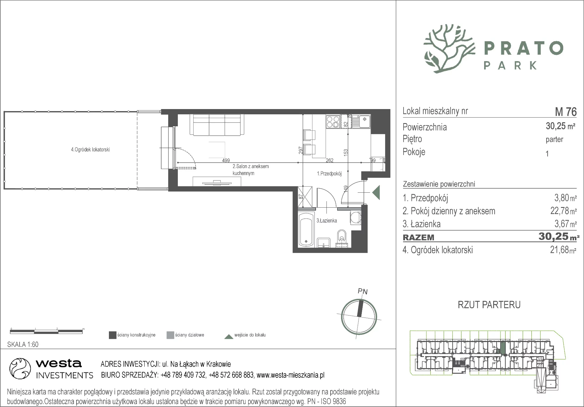 Mieszkanie 30,25 m², parter, oferta nr M76, Prato Park, Kraków, Czyżyny, ul. Na Łąkach