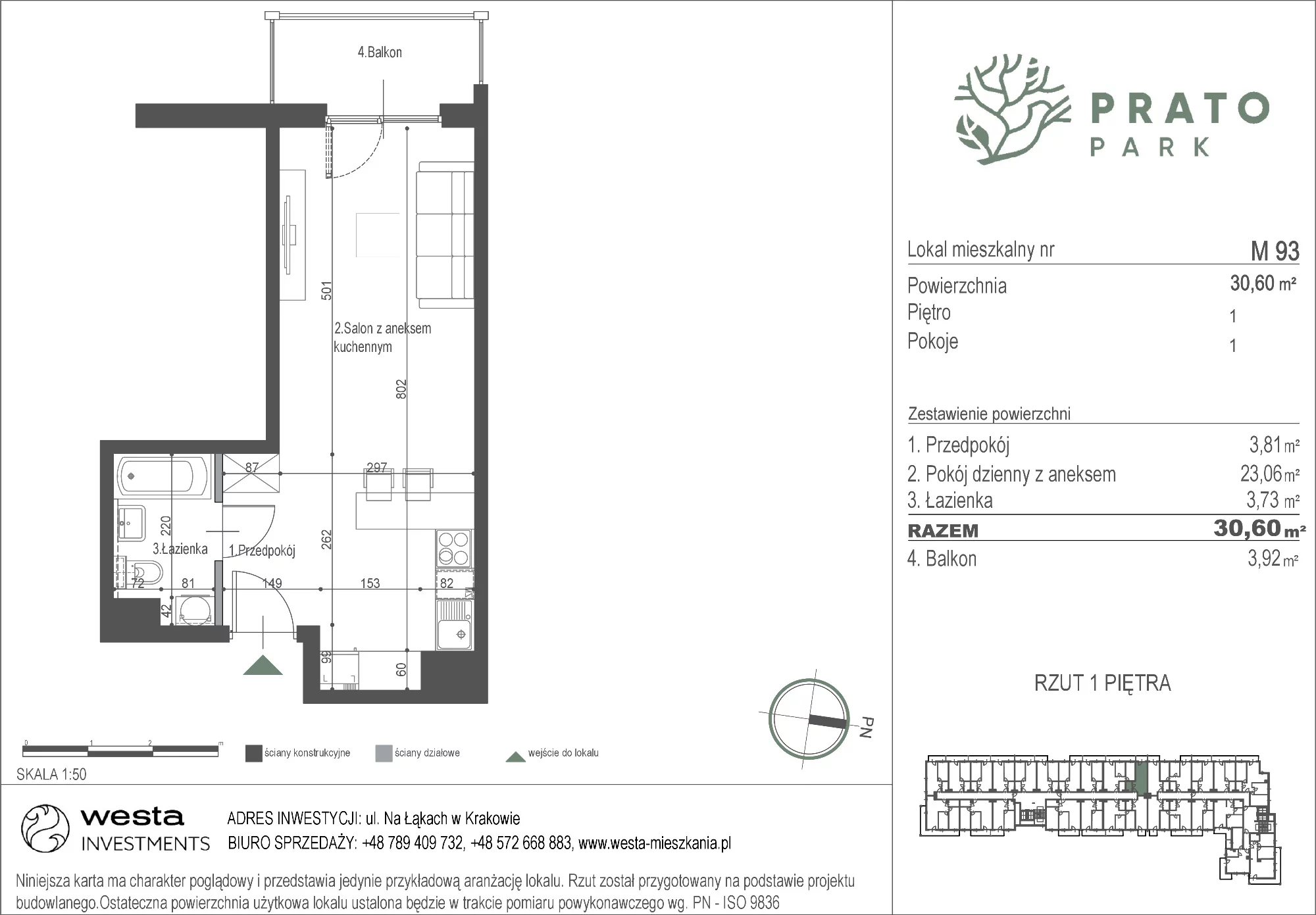 Mieszkanie 30,60 m², piętro 1, oferta nr M93, Prato Park, Kraków, Czyżyny, ul. Na Łąkach