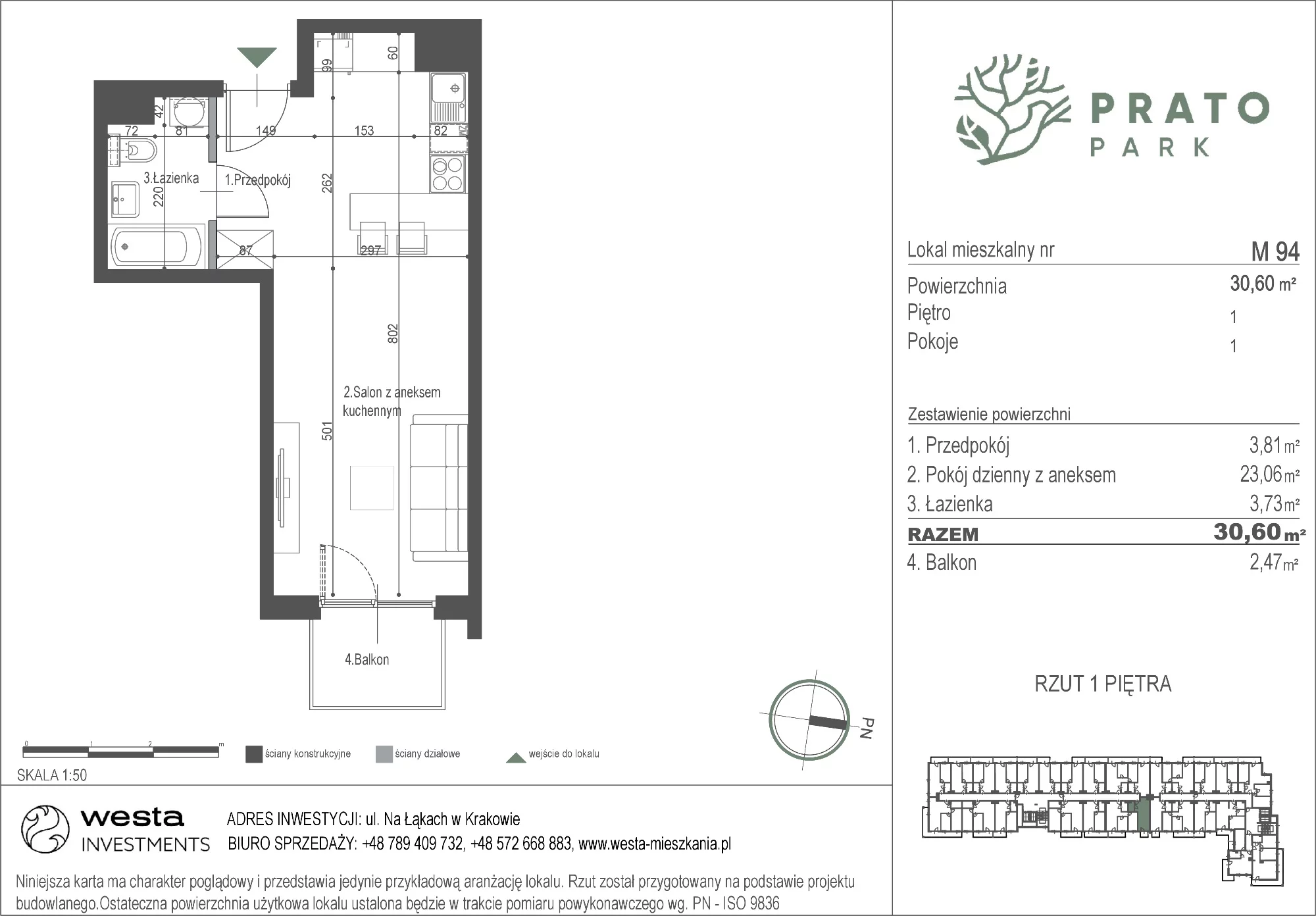 Mieszkanie 30,60 m², piętro 1, oferta nr M94, Prato Park, Kraków, Czyżyny, ul. Na Łąkach
