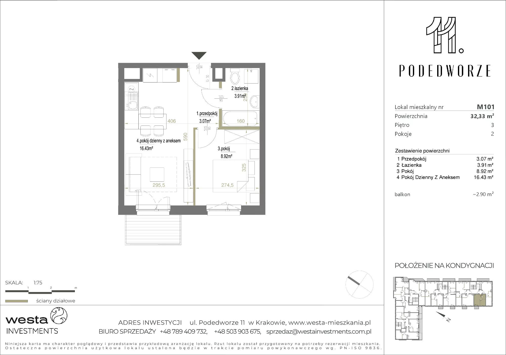 Mieszkanie 32,33 m², piętro 3, oferta nr 101, Podedworze 11, Kraków, Podgórze Duchackie, Piaski Wielkie, ul. Podedworze 11