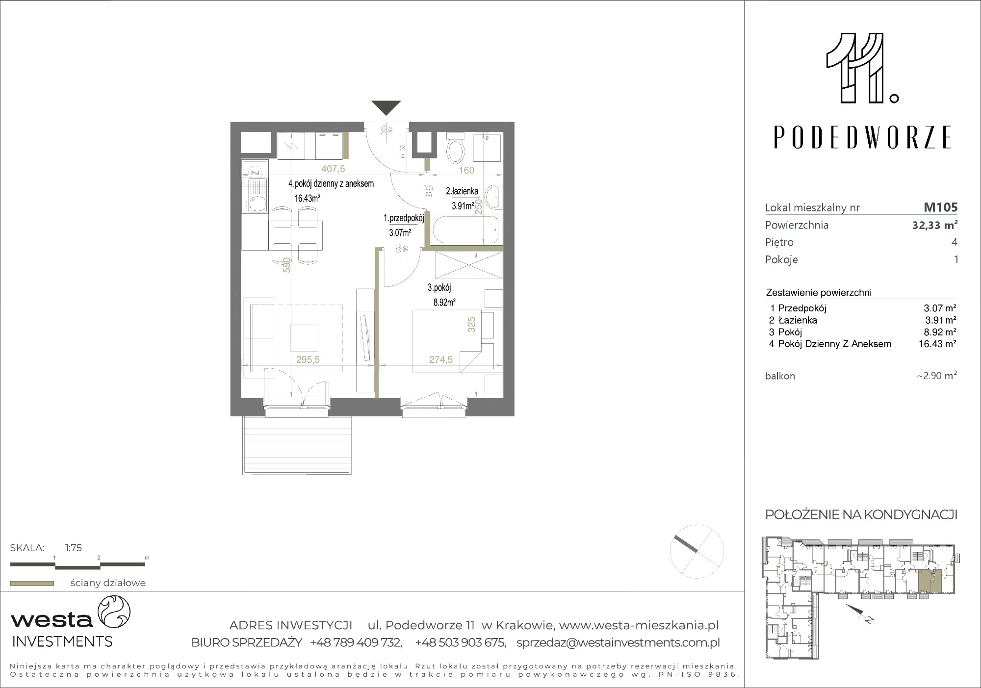 Mieszkanie 32,33 m², piętro 4, oferta nr 105, Podedworze 11, Kraków, Podgórze Duchackie, Piaski Wielkie, ul. Podedworze 11