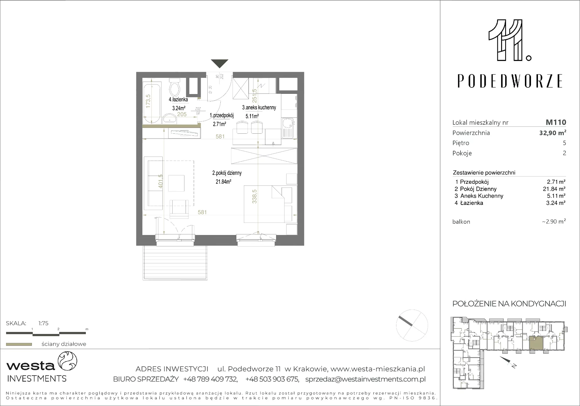 Mieszkanie 32,90 m², piętro 5, oferta nr 110, Podedworze 11, Kraków, Podgórze Duchackie, Piaski Wielkie, ul. Podedworze 11