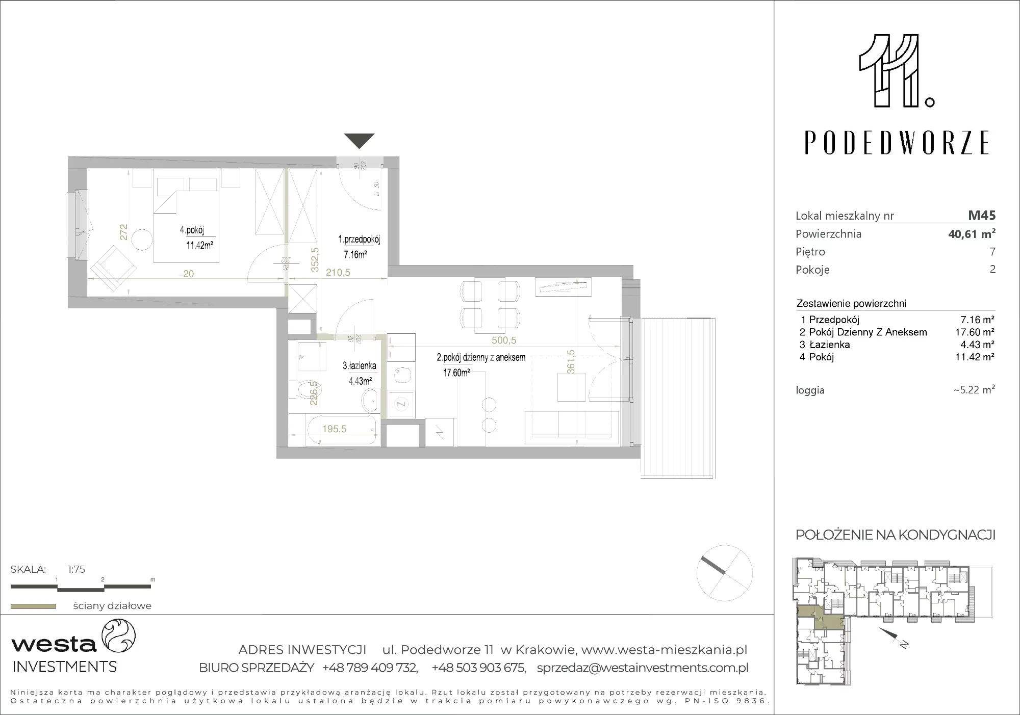 Mieszkanie 40,61 m², piętro 7, oferta nr 45, Podedworze 11, Kraków, Podgórze Duchackie, Piaski Wielkie, ul. Podedworze 11