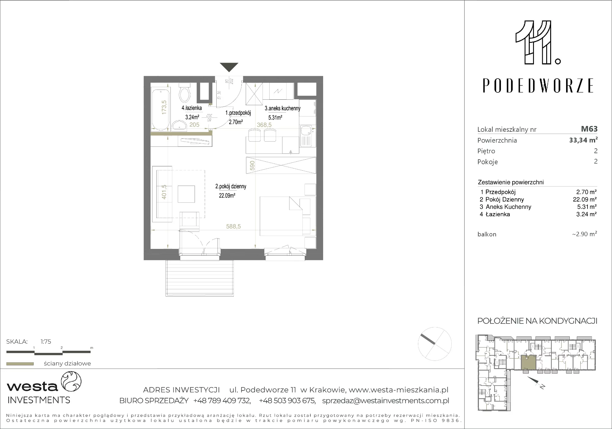 Mieszkanie 33,34 m², piętro 2, oferta nr 63, Podedworze 11, Kraków, Podgórze Duchackie, Piaski Wielkie, ul. Podedworze 11