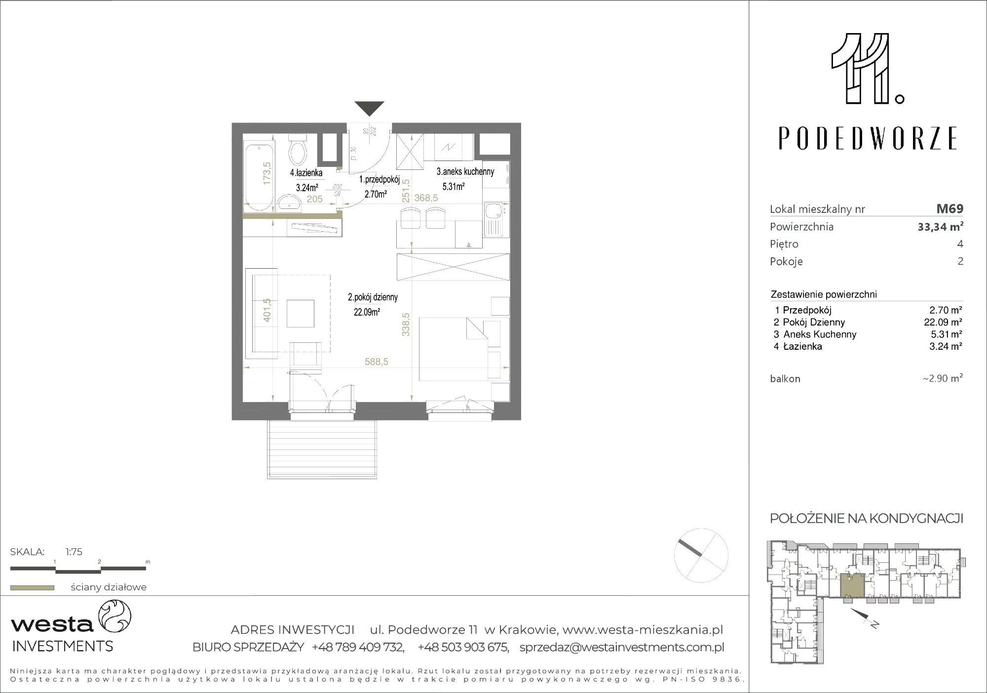 Mieszkanie 33,34 m², piętro 4, oferta nr 69, Podedworze 11, Kraków, Podgórze Duchackie, Piaski Wielkie, ul. Podedworze 11