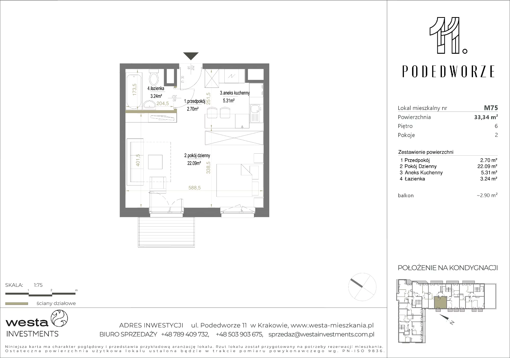 Mieszkanie 33,34 m², piętro 6, oferta nr 75, Podedworze 11, Kraków, Podgórze Duchackie, Piaski Wielkie, ul. Podedworze 11