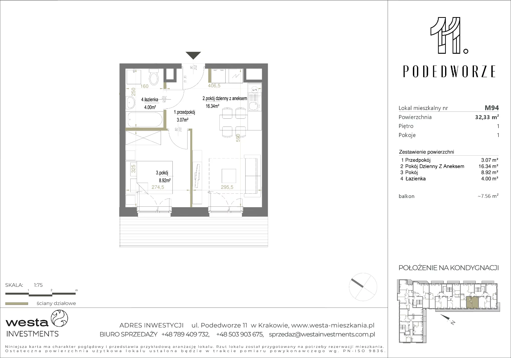 Mieszkanie 32,33 m², piętro 1, oferta nr 94, Podedworze 11, Kraków, Podgórze Duchackie, Piaski Wielkie, ul. Podedworze 11