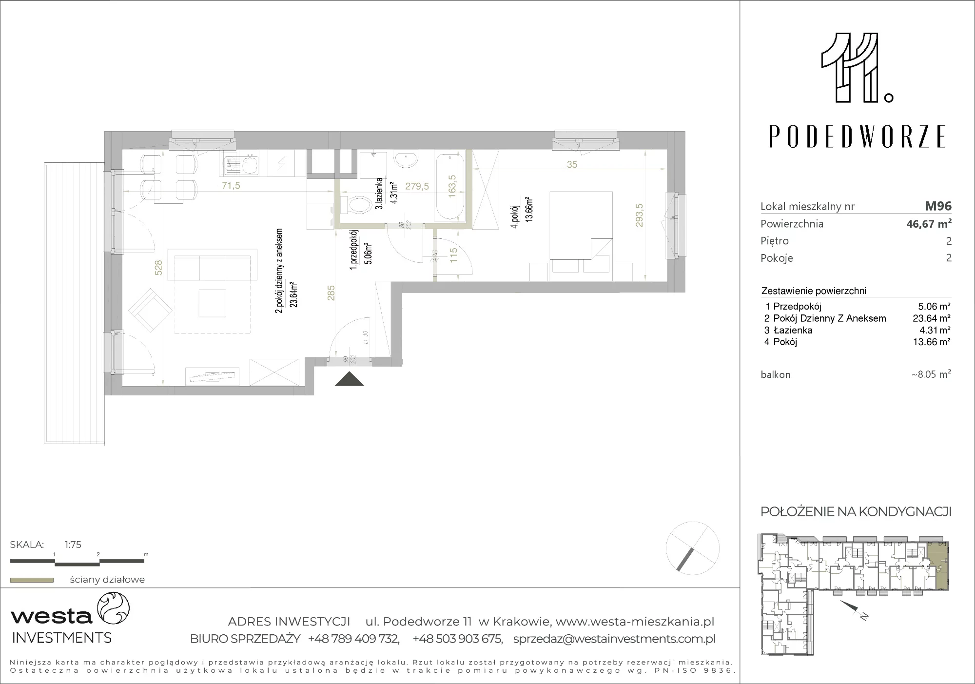 Mieszkanie 46,67 m², piętro 2, oferta nr 96, Podedworze 11, Kraków, Podgórze Duchackie, Piaski Wielkie, ul. Podedworze 11