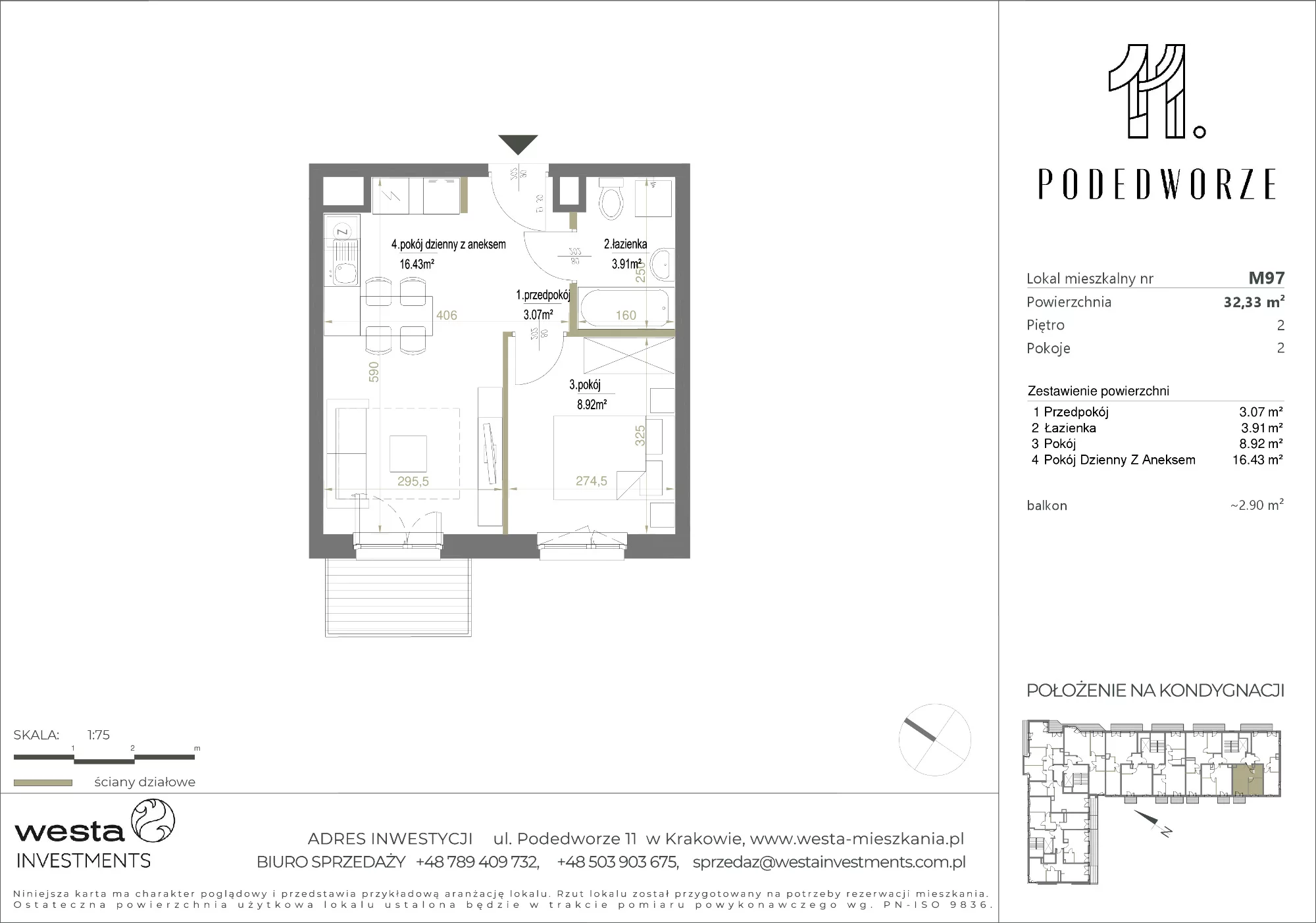 Mieszkanie 32,33 m², piętro 2, oferta nr 97, Podedworze 11, Kraków, Podgórze Duchackie, Piaski Wielkie, ul. Podedworze 11