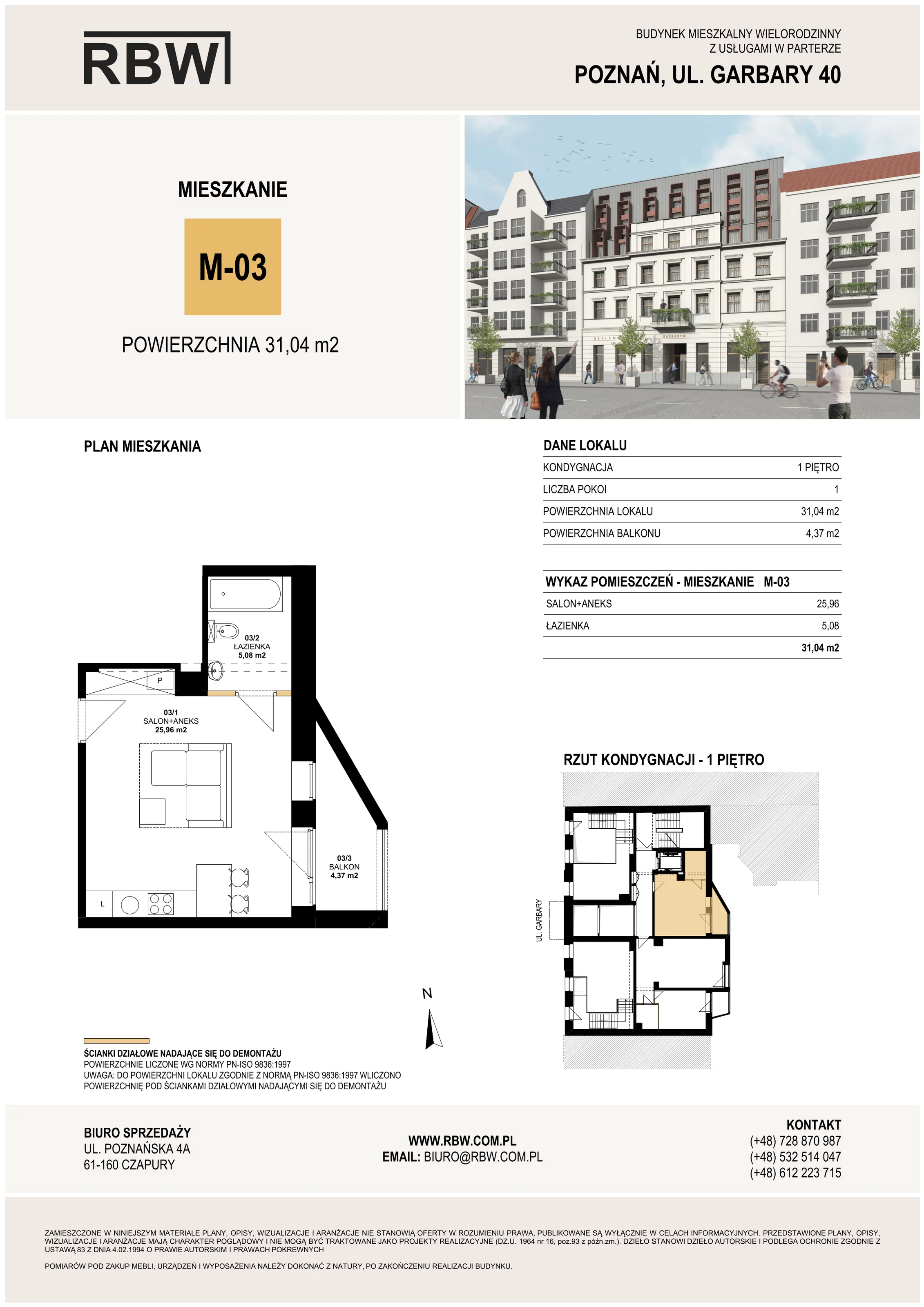 Mieszkanie 31,04 m², piętro 1, oferta nr M3, Garbary 40, Poznań, Stare Miasto, Stare Miasto, ul. Garbary 40