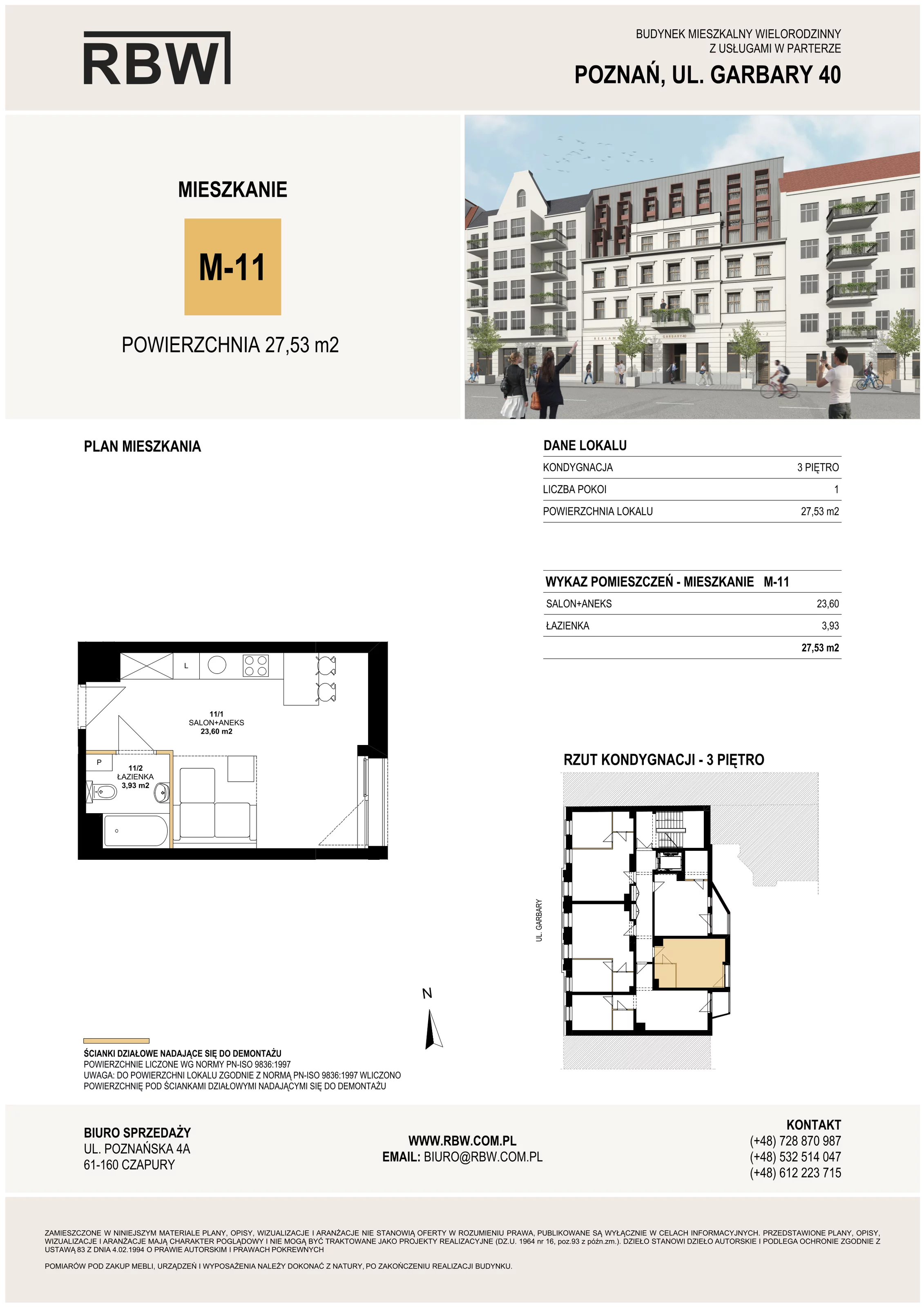 Mieszkanie 27,53 m², piętro 3, oferta nr M11, Garbary 40, Poznań, Stare Miasto, Stare Miasto, ul. Garbary 40