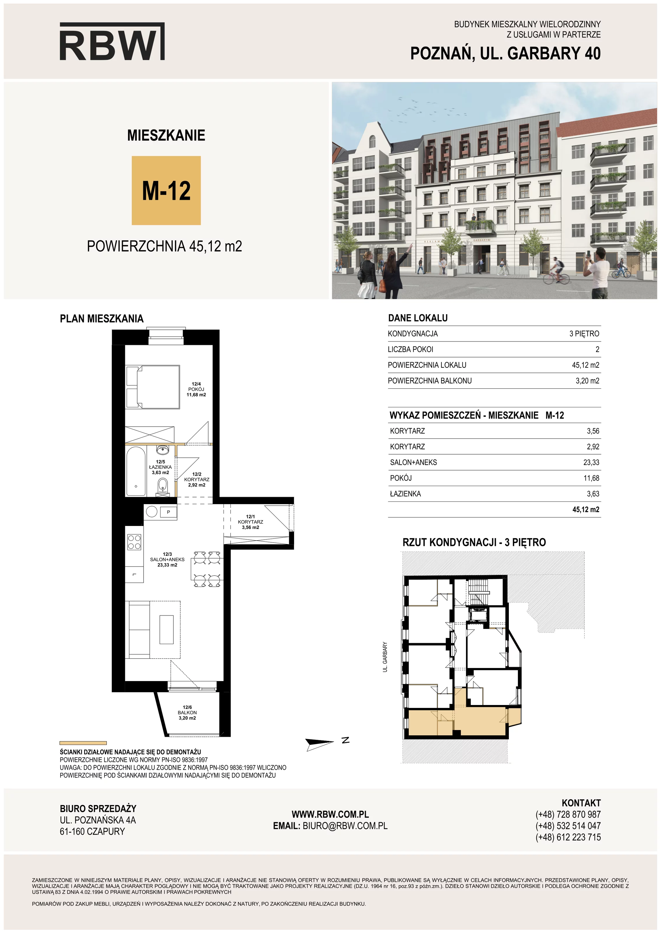 Mieszkanie 45,12 m², piętro 3, oferta nr M12, Garbary 40, Poznań, Stare Miasto, Stare Miasto, ul. Garbary 40