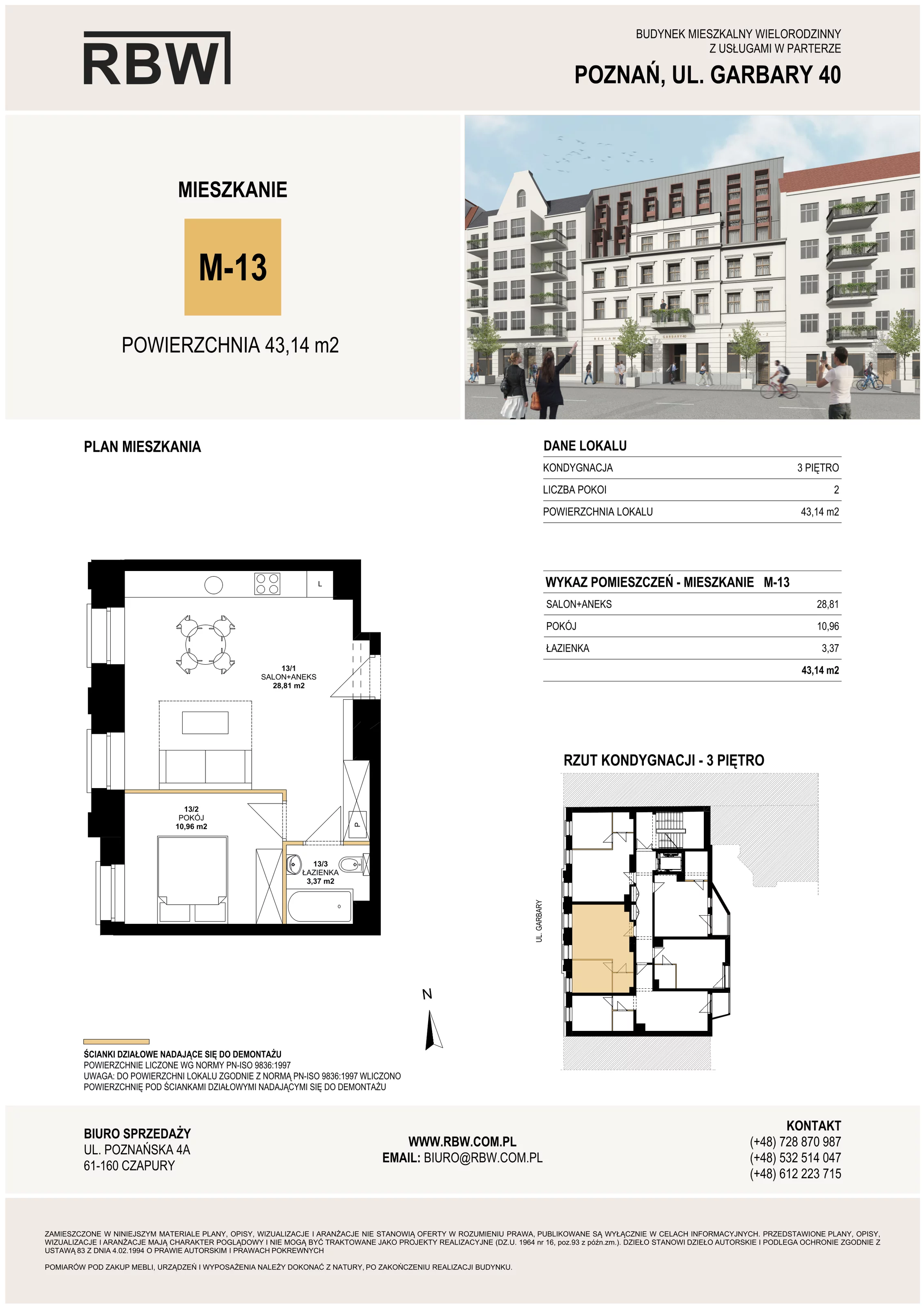Mieszkanie 43,14 m², piętro 3, oferta nr M13, Garbary 40, Poznań, Stare Miasto, Stare Miasto, ul. Garbary 40