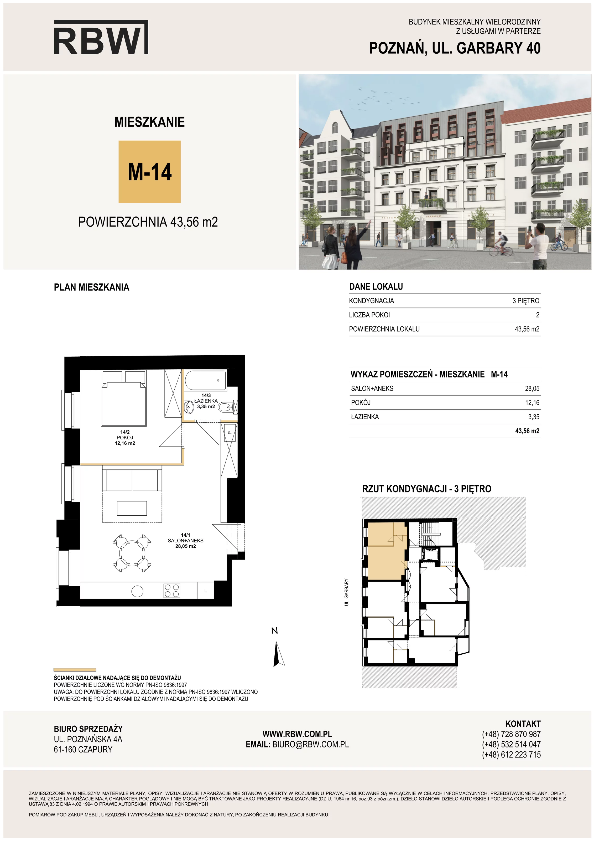 Mieszkanie 43,56 m², piętro 3, oferta nr M14, Garbary 40, Poznań, Stare Miasto, Stare Miasto, ul. Garbary 40