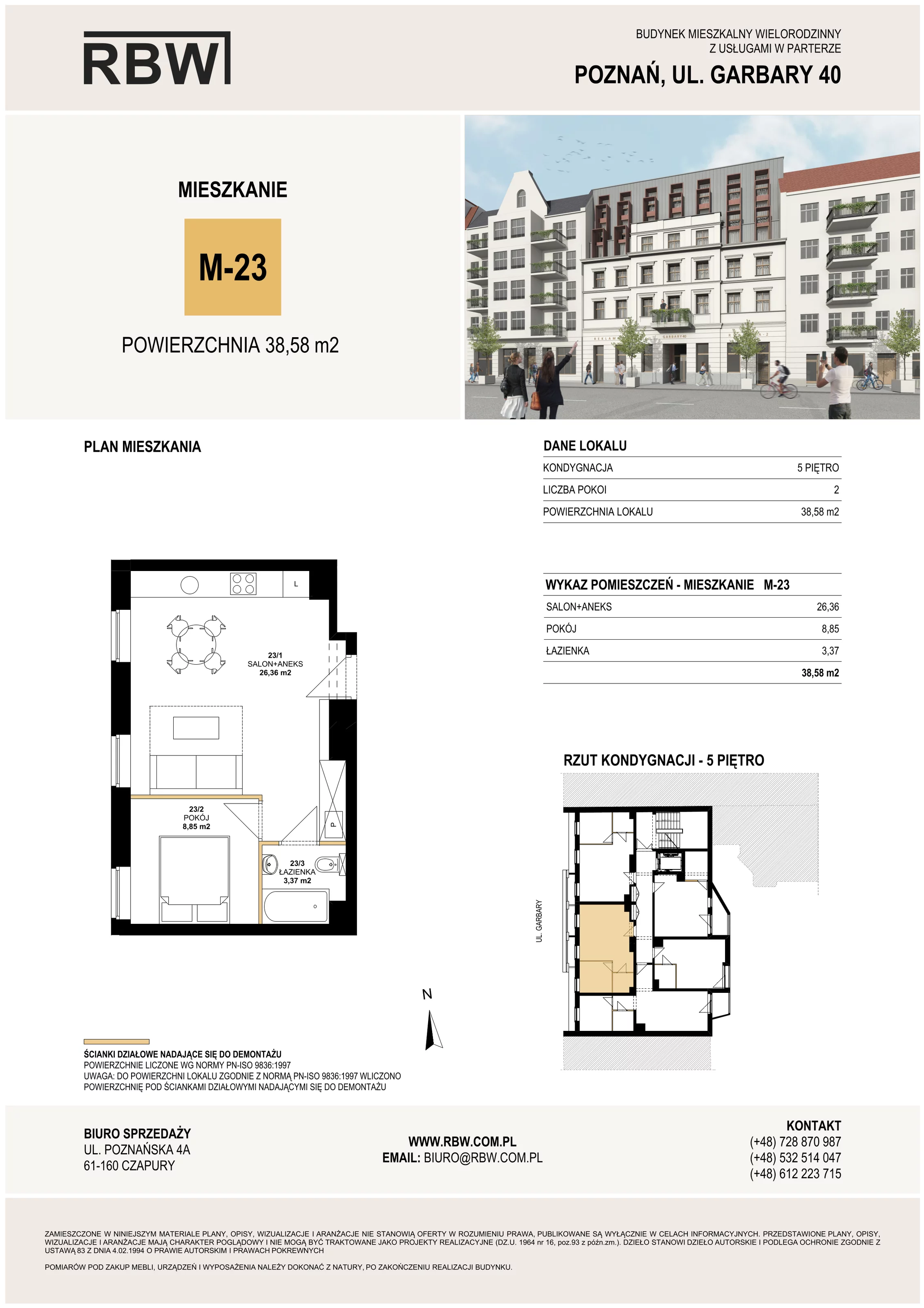 Mieszkanie 38,58 m², piętro 5, oferta nr M23, Garbary 40, Poznań, Stare Miasto, Stare Miasto, ul. Garbary 40